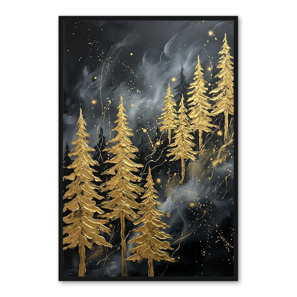 Golden Whispering Pines – Œuvre d'art abstraite métallique de forêt — Décoration murale