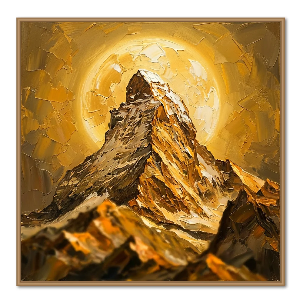 Sommet Radieux Doré – Œuvre d'Art Montagne Texturée avec Cadre Noir — Décoration murale