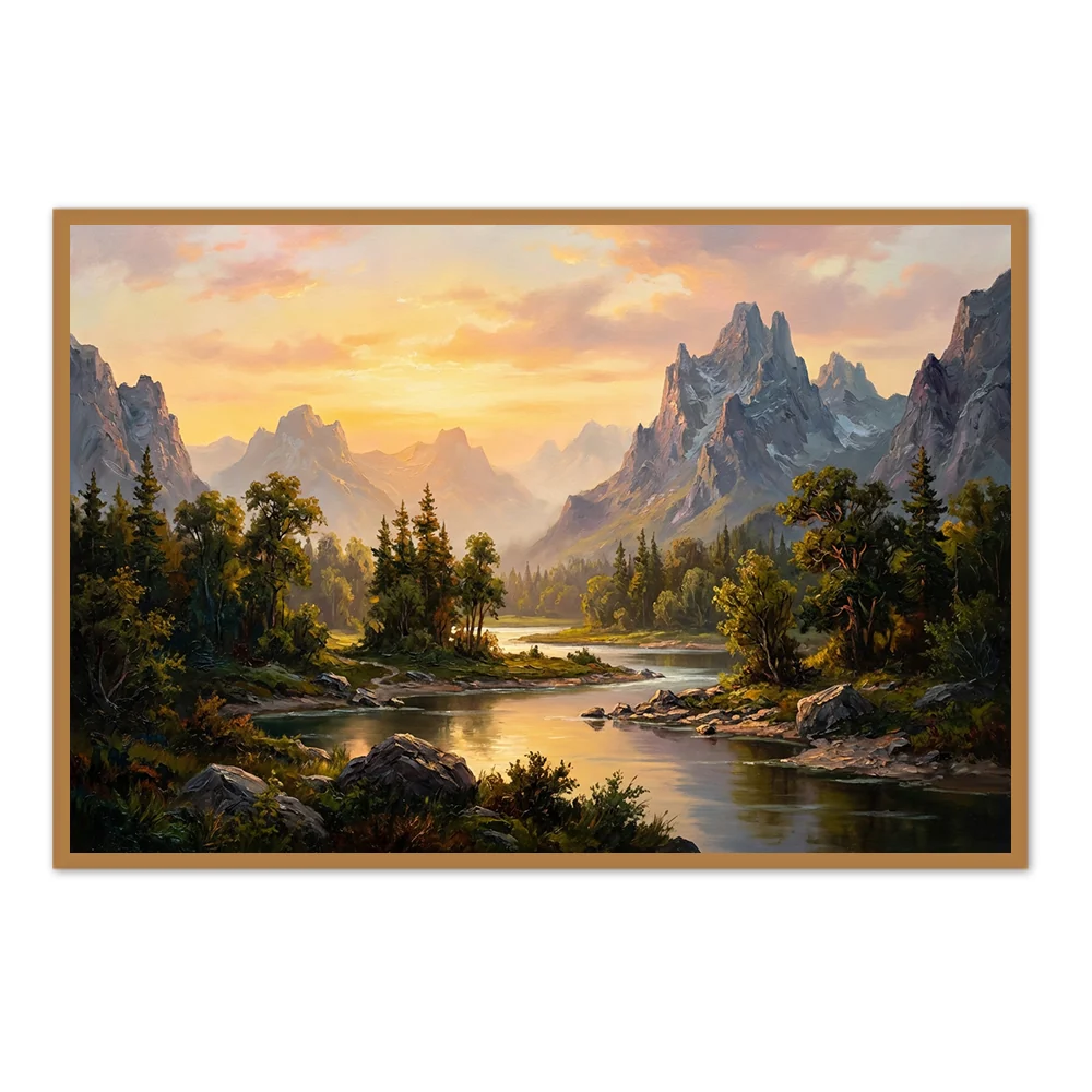 Sérénité de la Vallée Ensoleillée - Œuvre d'art de paysage de rivière de montagne — Décoration murale