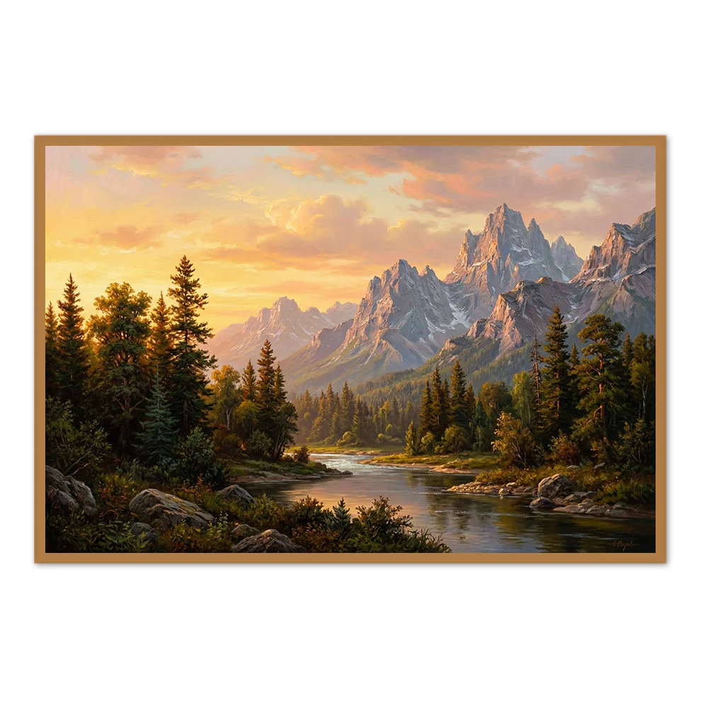 Golden Horizon Peaks – Realist Sunset Mountain Landscape Oil-Style Artwork Handcrafted Painting - Black Frame / 24"x 20"/ 61 x 51 CM — Wall Decor