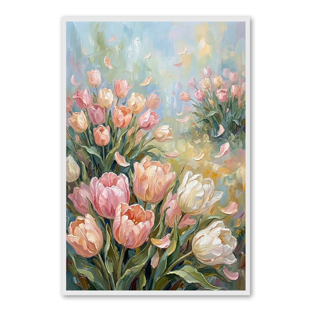 Dancing Petals in Morning Light – Impressionist Tulip Meadow Oil-Style Artwork original oil painting - Black Frame / 20"x 24"/ 51 x 61 CM — Wall Decor