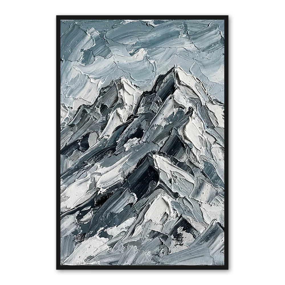 Arrtr Echoes of the Frosted Peaks – œuvre d'art en peinture à l'huile de style impressionniste texturé de montagne faite à la main - Cadre noir / 20" x 24" / 51