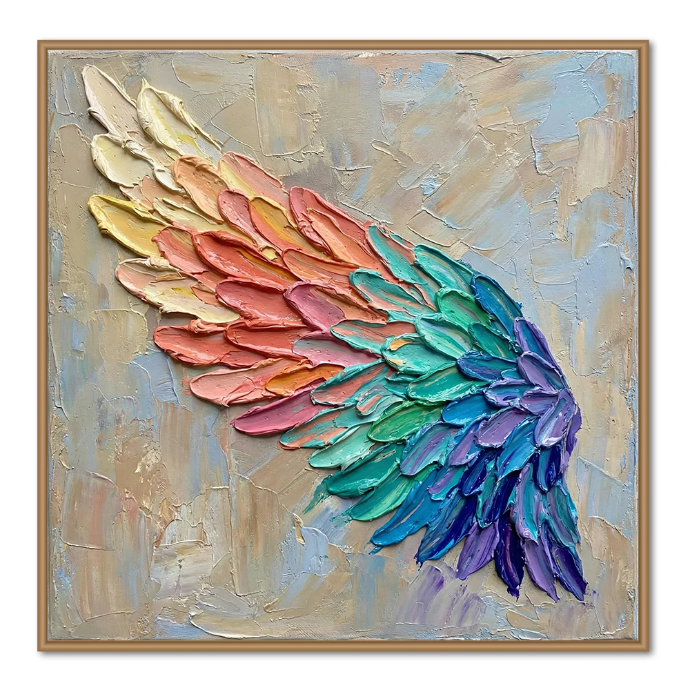 Chromatic Wing Flow | Modern Abstract Texture Style Handmade Oil Painting Wall Art - Black Frame / 24''x 24''/ 61x 61 CM