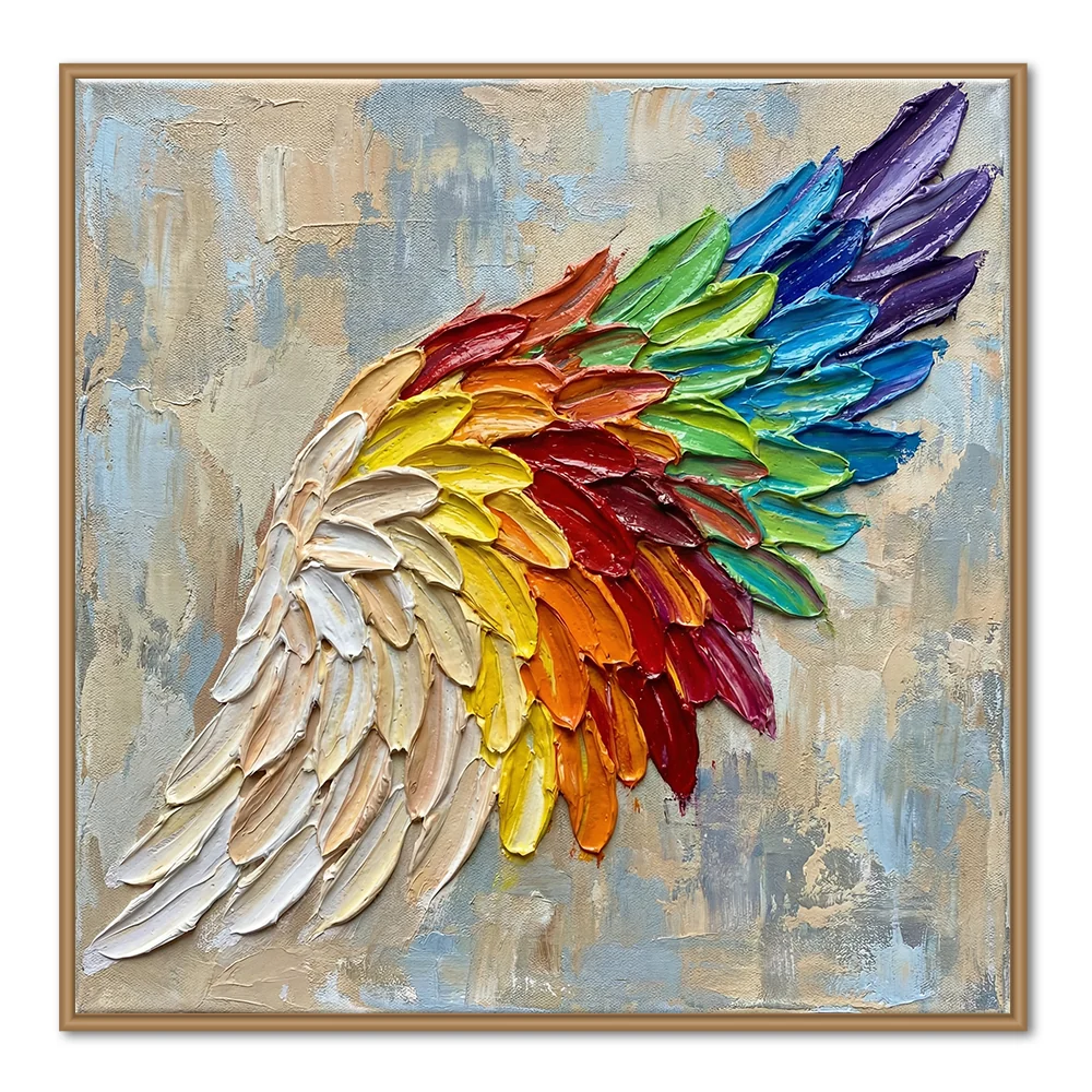 Rainbow Wing Harmony | Contemporary Abstract Palette Knife Handmade Oil Painting Wall Art - Black Frame / 24''x 24''/ 61x 61 CM — Wall Decor