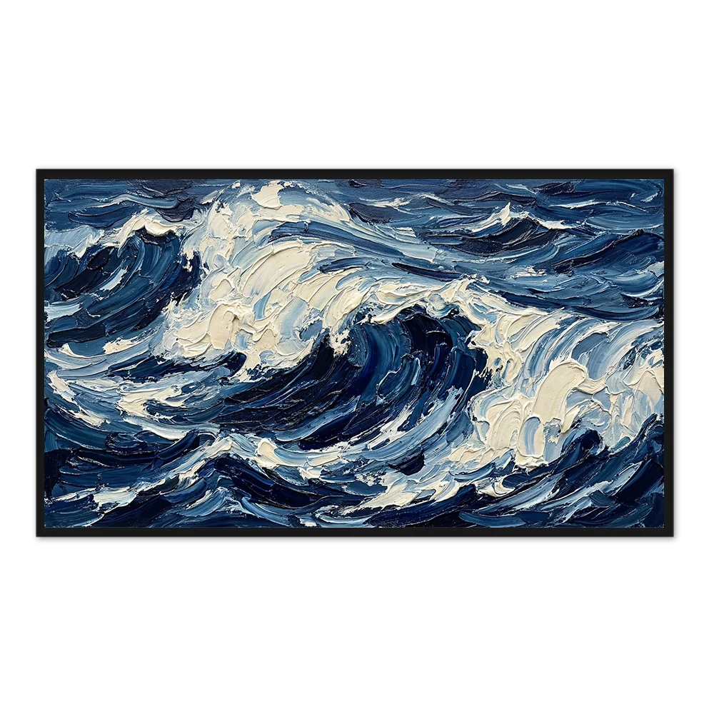 Endless Blue Waves | Contemporary Abstract Ocean Handmade Oil Painting Wall Art - Black Frame / 24"x 20"/ 61 x 51 CM — Wall Decor