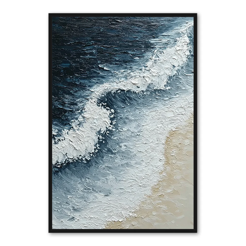 Shoreline Whisper | Peinture Murale Abstraite Moderne de Paysage Marin - Cadre Noir — Décoration murale