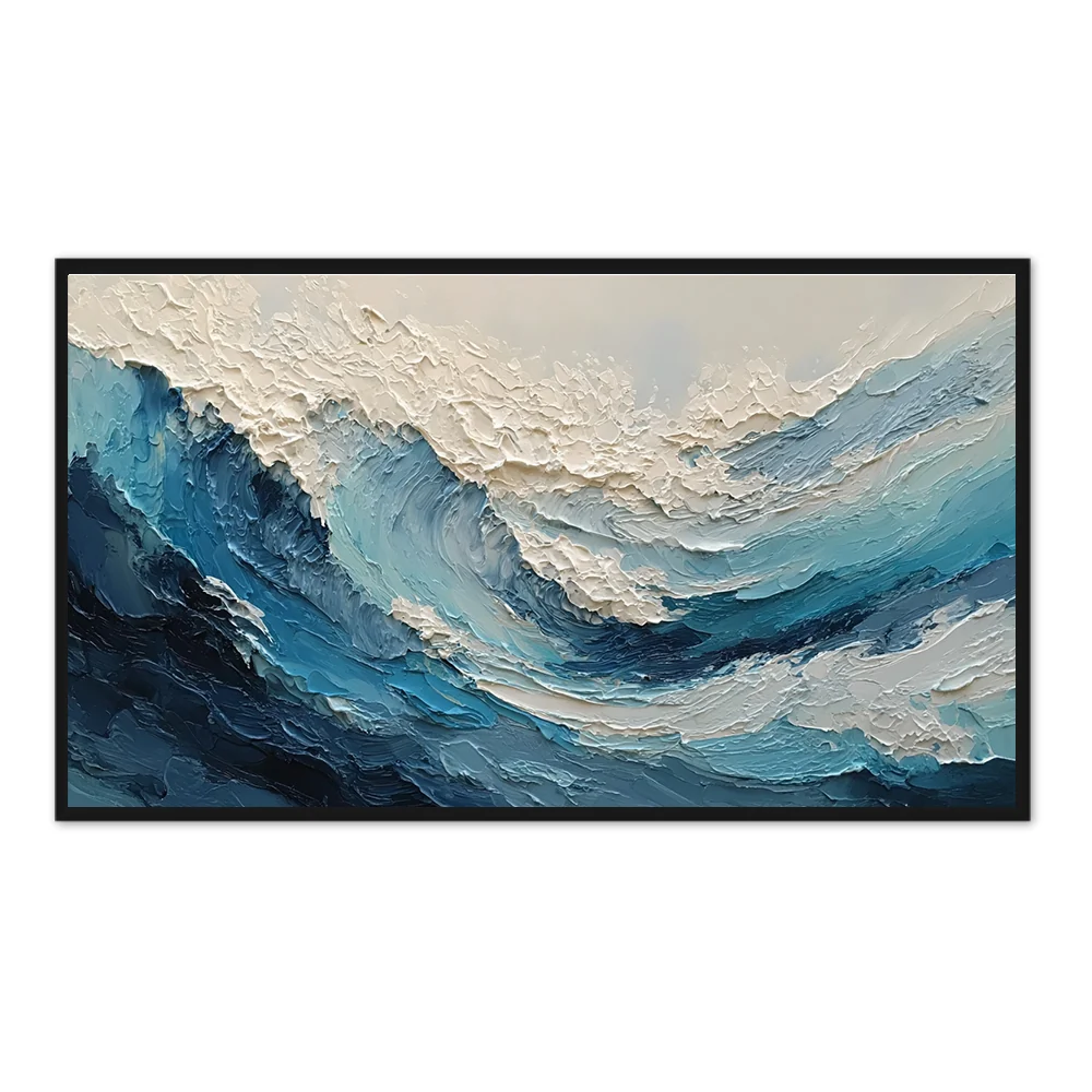 Azure Crest Motion | Abstract Seascape Expressionist Handmade Oil Painting Wall Art - Black Frame / 24"x 20"/ 61 x 51 CM — Wall Decor