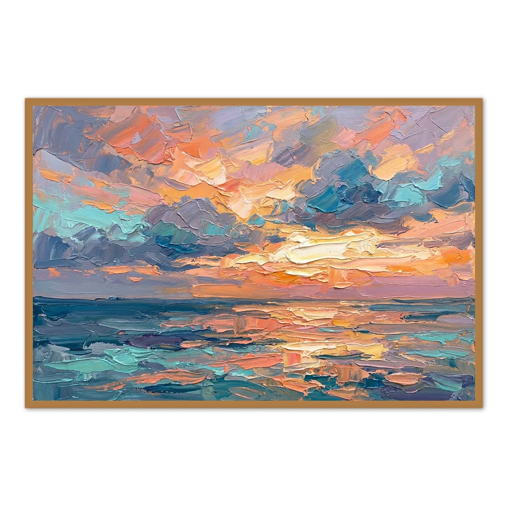 Tidal Horizon Glow – Modern Impressionist Hand-Painted Seascape Oil Painting Wall Art - Black Frame / 48''x 24''/ 122 x 61 CM — Wall Decor