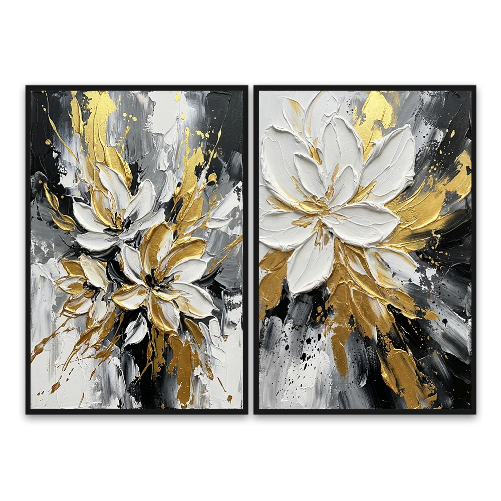 Golden Bloom Harmony | Abstract Floral Style Hand-Painted Oil Painting Wall Art (set of 2) - Black Frame / 1P 24"x 20"/ 61 x 51 CM — Wall Decor