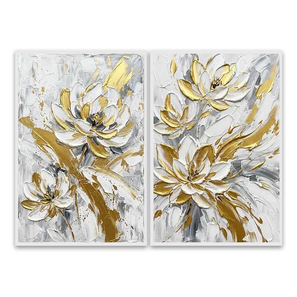 Symphonie de Pétales Dorés | Ensemble de Peintures Florales Abstraites Modernes — Décoration murale