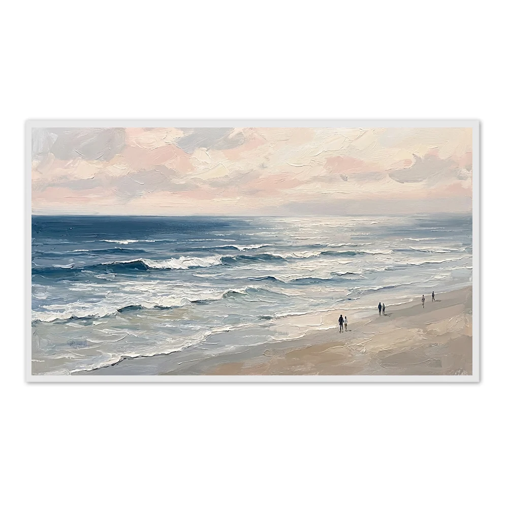 Coastal Serenity Walk | Modern Impressionist Seascape Style Hand-Painted Oil Painting Wall Art - Black Frame / 48''x 24''/ 122 x 61 CM — Wall Decor