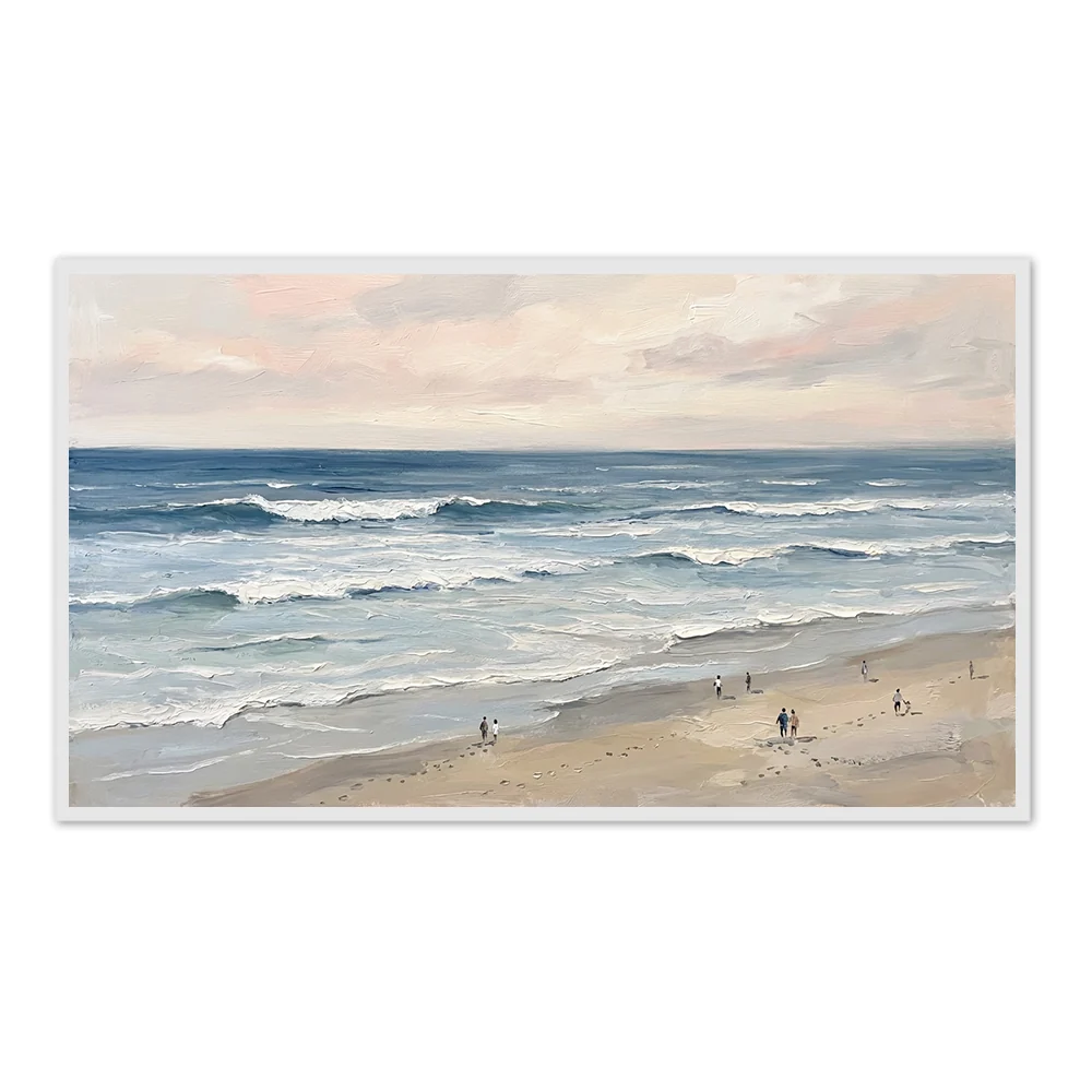 Endless Shoreline Calm | Contemporary Minimal Seascape Style Hand-Painted Oil Painting Wall Art - Black Frame / 48''x 24''/ 122 x 61 CM — Wall Decor