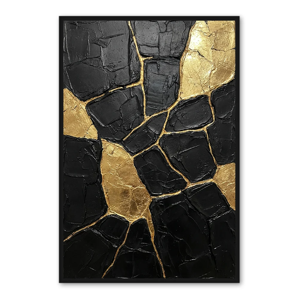 Golden Fracture Essence | Modern Abstract Texture Style Hand-Painted Oil Painting Wall Art - Black Frame / 20"x 24"/ 51 x 61 CM — Wall Decor