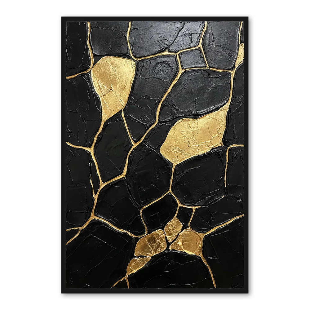 Veins of Gold Silence | Peinture à l'huile noire et dorée — Décoration murale
