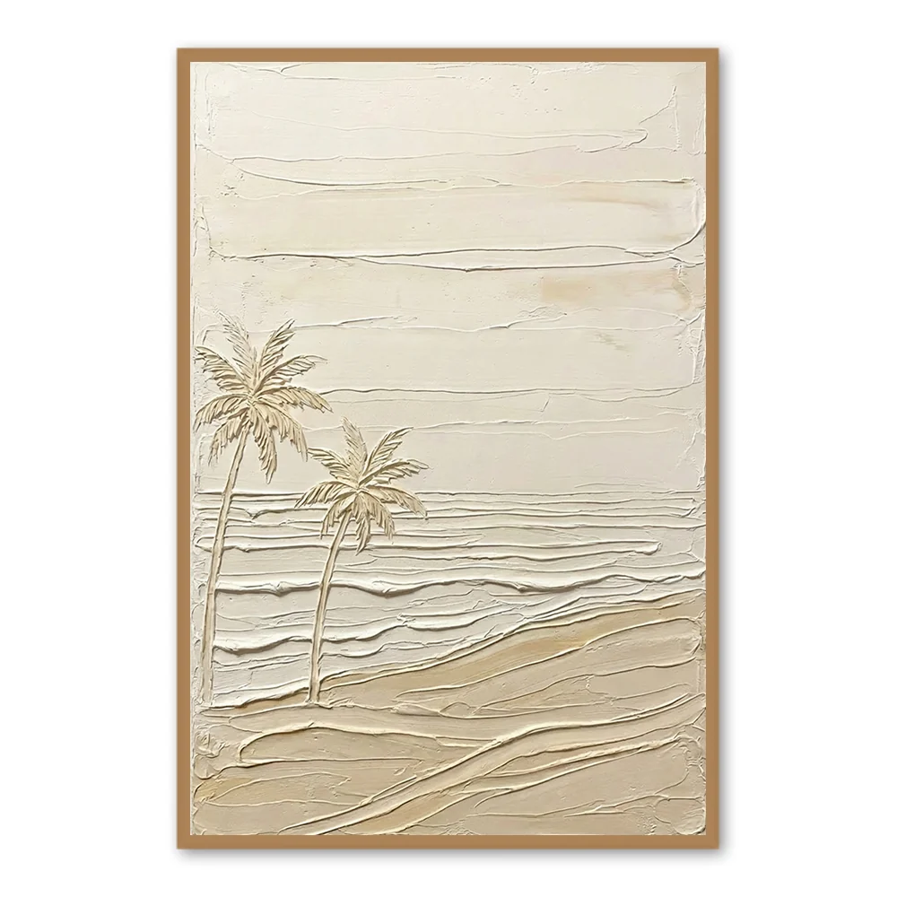 Silent Shoreline Palms | Modern Minimal Coastal Style Hand-Painted Oil Painting Wall Art - Black Frame / 20"x 24"/ 51 x 61 CM