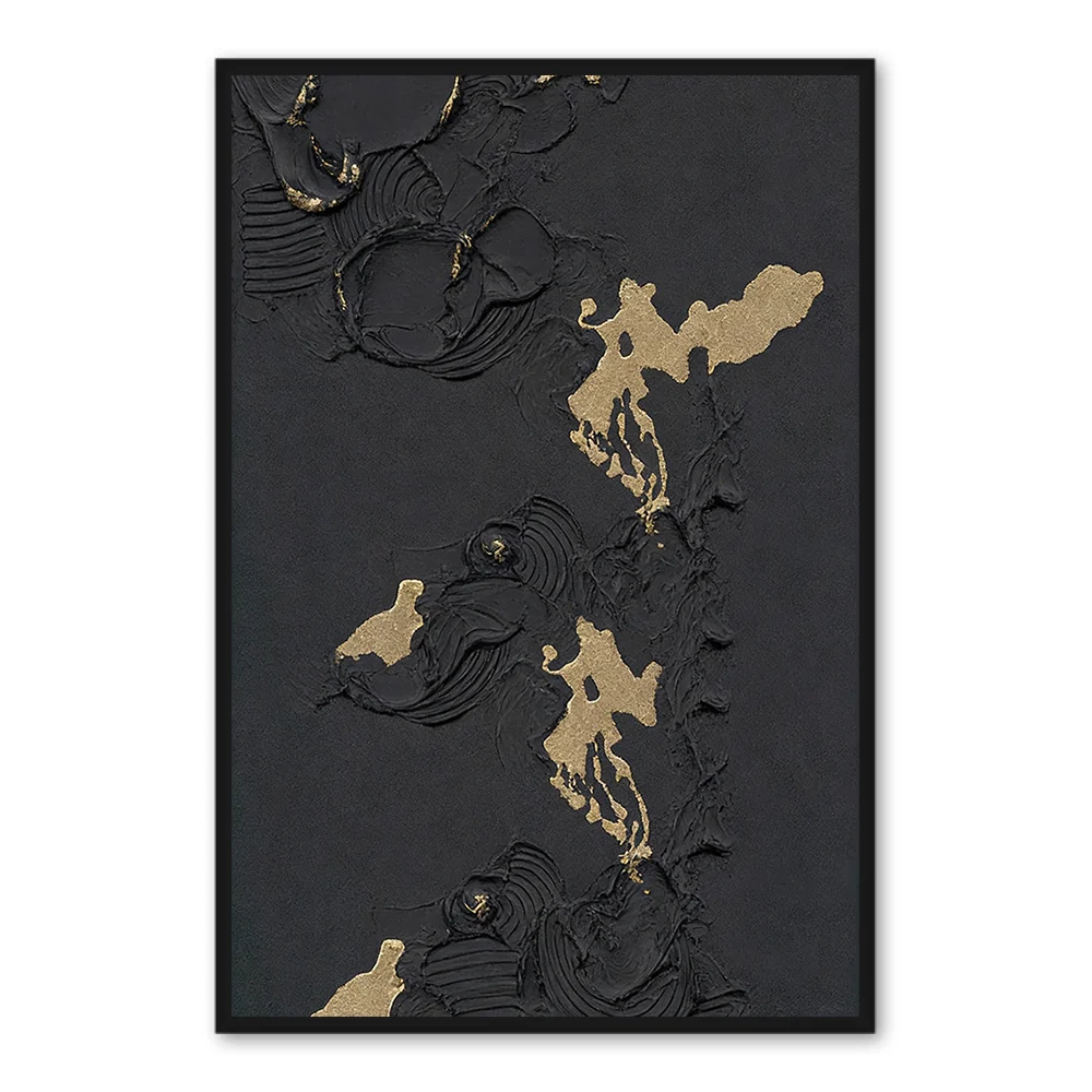 Handmade Abstract Wall Art – Black Textured Painting with Gold Accents-Portrait Orientation - Black Frame / 20"x 24"/ 51 x 61 CM