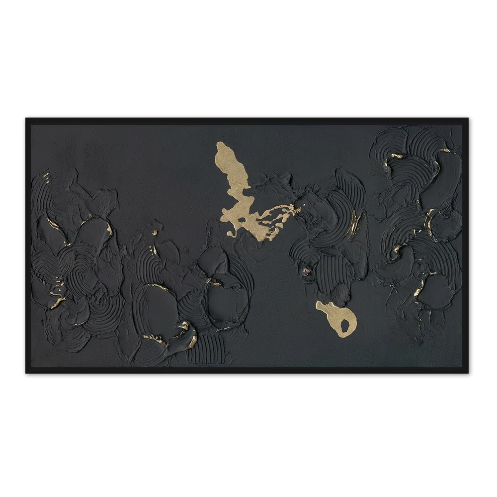 Art mural abstrait fait à la main - Peinture texturée noire avec accents dorés — Décoration murale