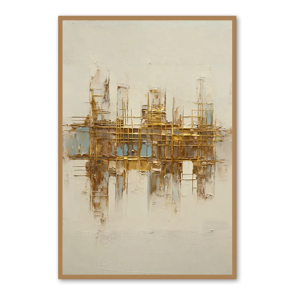 Golden Grid Structure Theme Painting – Modern Abstract Style Handmade Texture Wall Art-Portrait Orientation - Black Frame / 20"x 24"/ 51 x 61 CM — Wall Decor