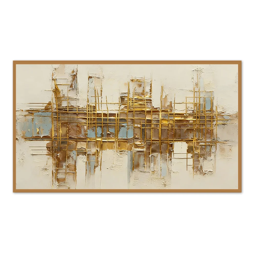 Golden Grid Structure Theme Painting – Modern Abstract Style Handmade Texture Wall Art-Landscape Orientation - Black Frame / 48''x 24''/ 122 x 61 CM