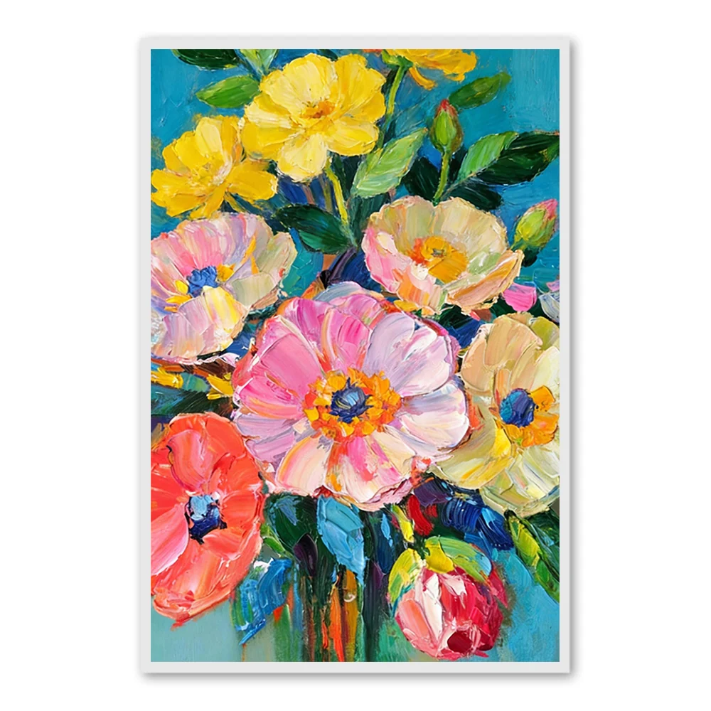 Colorful Floral Wall Art Hand-painted Texture Canvas Modern Abstract Living Room Decoration-Portrait Orientation - White Frame / 20"x 24"/ 51 x 61 CM