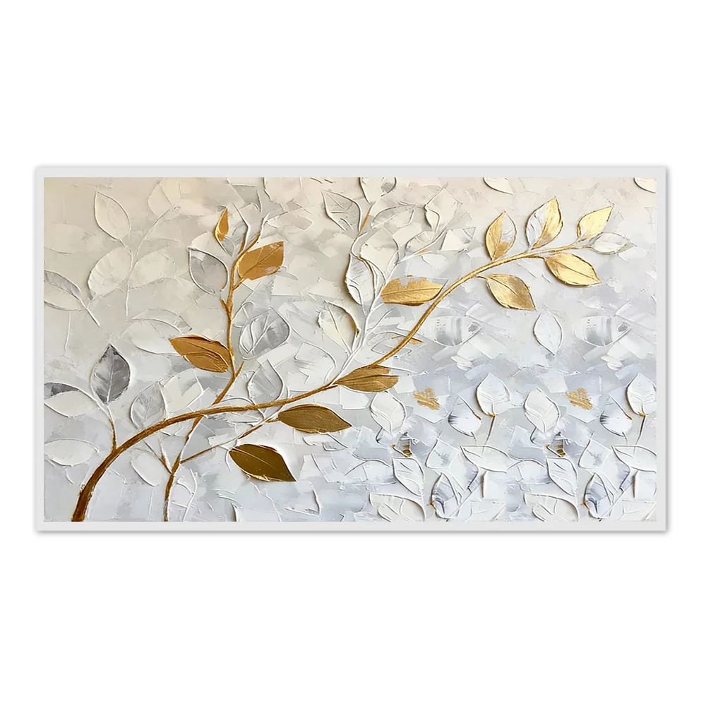 Still Veins– Hand-Painted Textured Floral Oil Painting Wall Art in White and Gold-Landscape Orientation - Black Frame / 48''x 24''/ 122 x 61 CM — Wall Decor