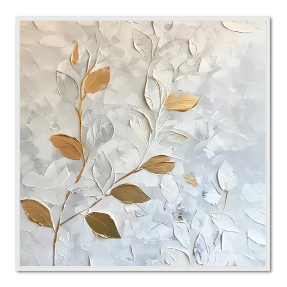 Still Veins– Hand-Painted Textured Floral Oil Painting Wall Art in White and Gold-square canvas - Black Frame / 24''x 24''/ 61x 61 CM — Wall Decor