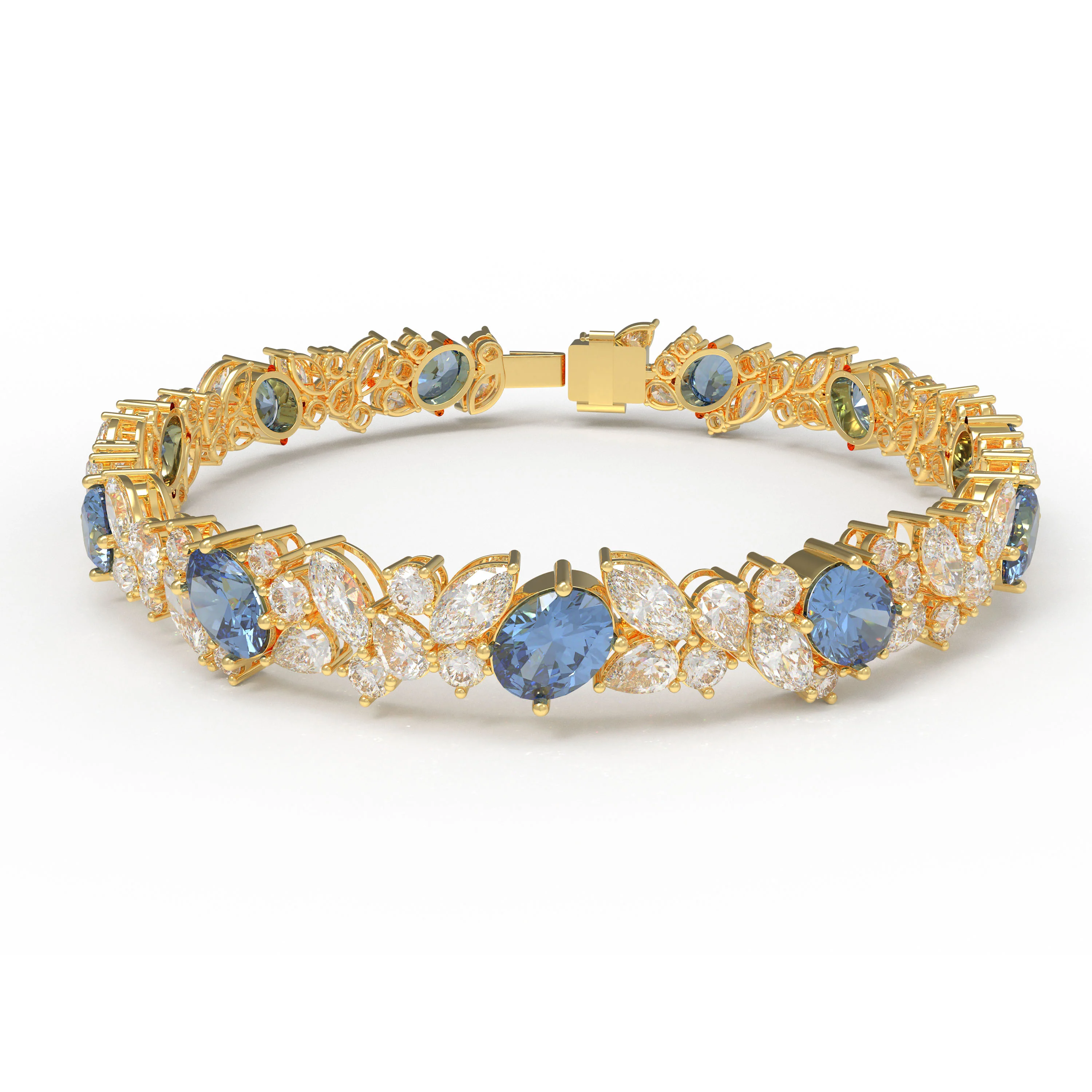 Handmade Gorgeous Lab - Grown Sapphire & Diamond Bracelet, 9K/14K/18K Yellow Gold Optional, Total Weight 10CT/12CT/15CT - 9K Yellow Gold / 10CT / 6
