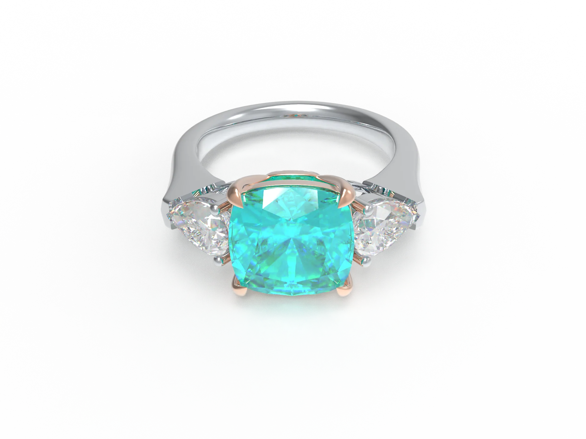 Handmade Three - Stone Ring with Lab - Grown Paraiba Diamond (2.8CT/4CT) & Lab - Grown Diamond Accents, 9K/14K/18K White - 9K White Gold / 2.8CT / 6 — Stackable
