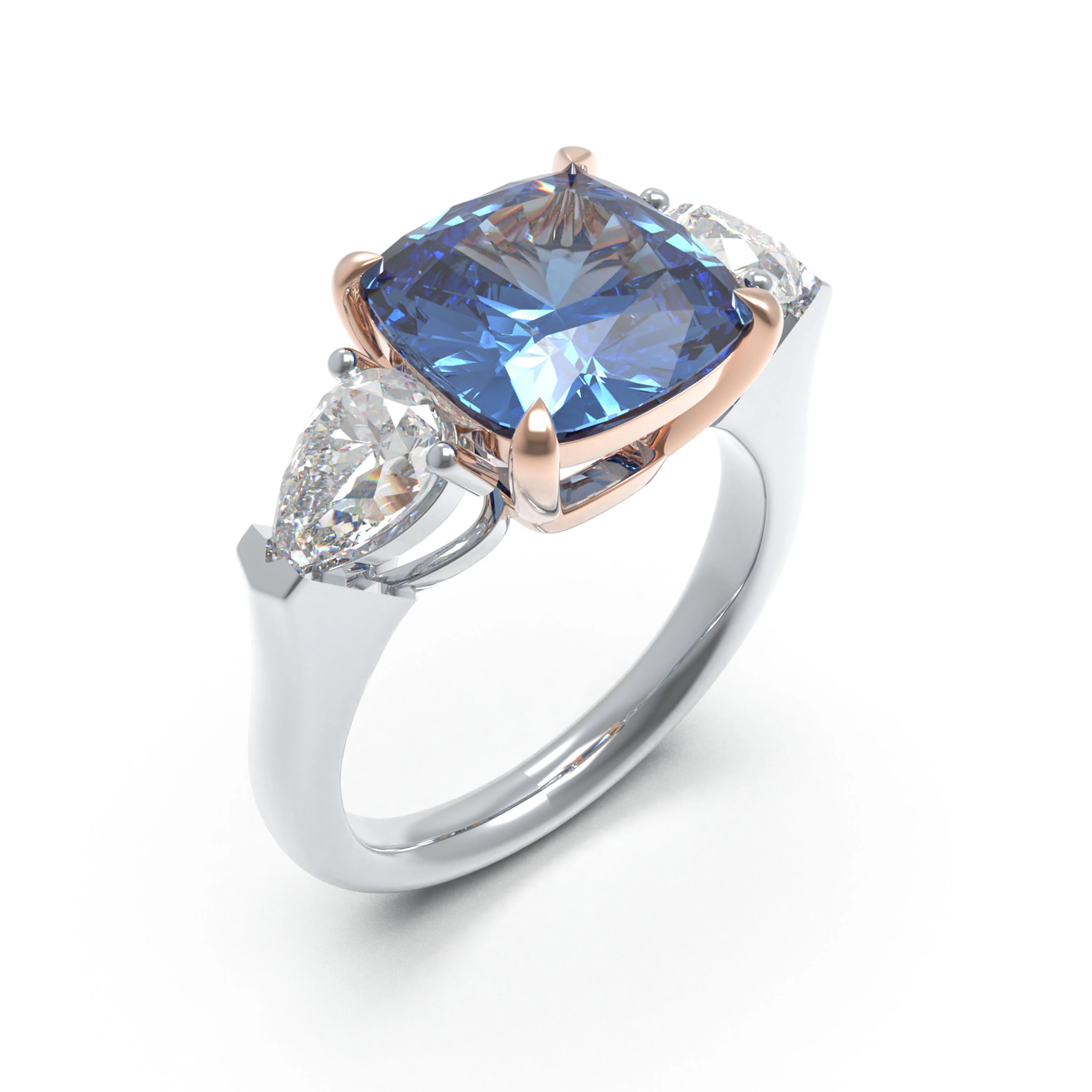 Bague à Trois Pierres Faite Main avec Saphir et Diamants Lab-Grown — Anneaux empilables
