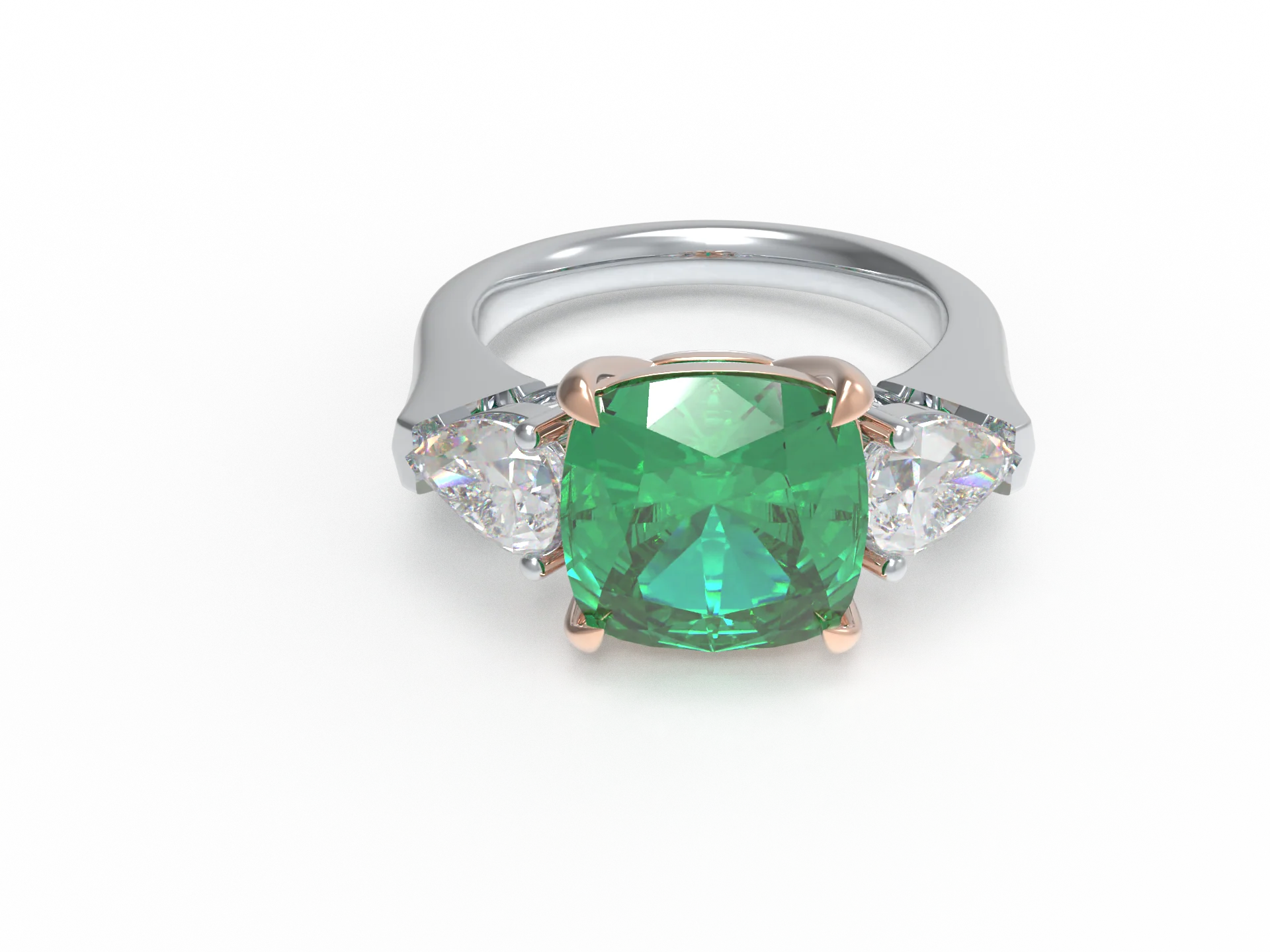 Handmade Three - Stone Ring with Lab - Grown Emerald (2.8CT/4CT) & Lab - Grown Diamond Accents, 9K/14K/18K White Gold & - 9K White Gold / 2.8CT / 6 — Stackable 