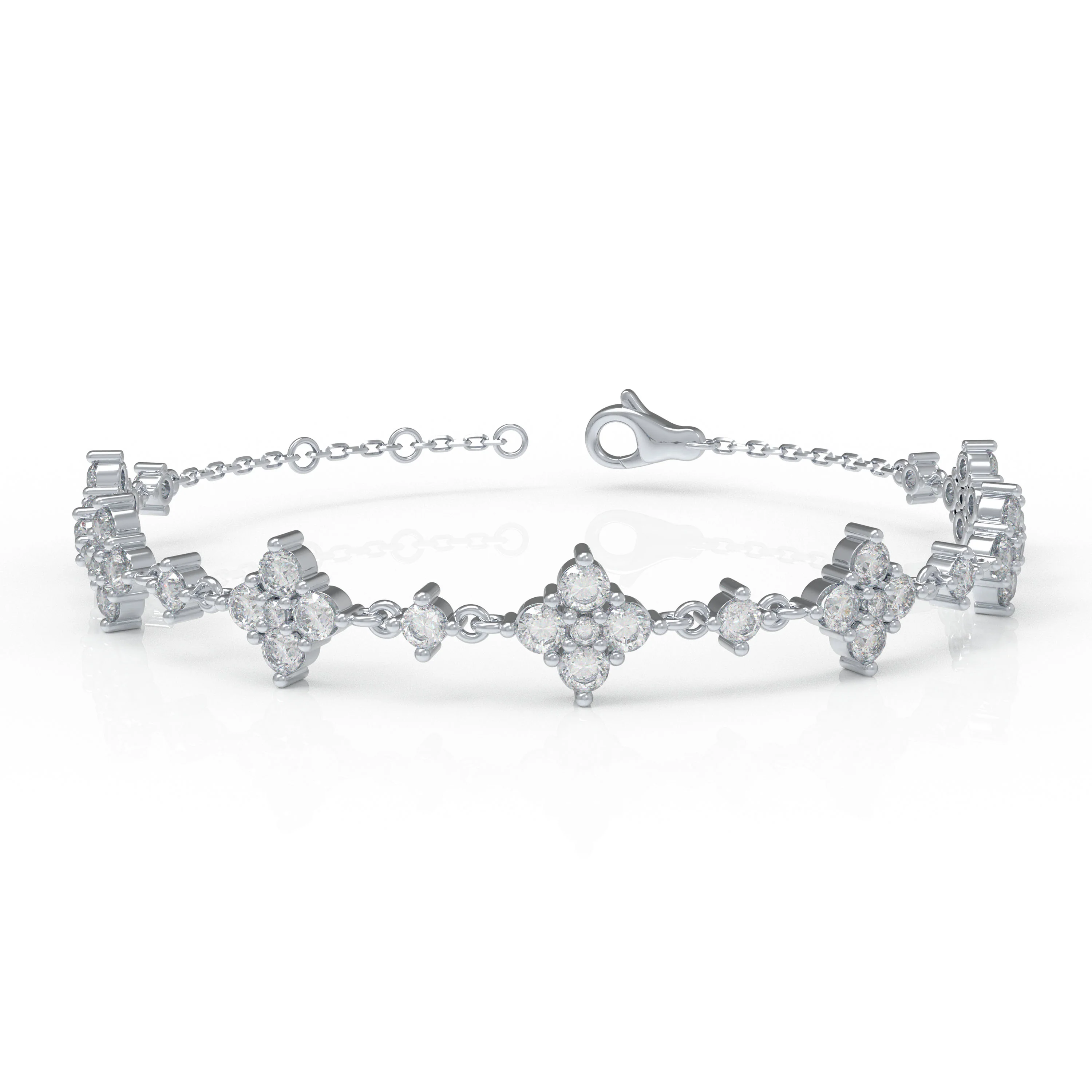 Ophelia Eternity Women's White Gold or 950 Platinum Four Leaf Clover Bracelet | 2ct/3ct Lab Diamond | Adjustable - 2ct / 10K White Gold / 6 Inches — Bracelet Wo