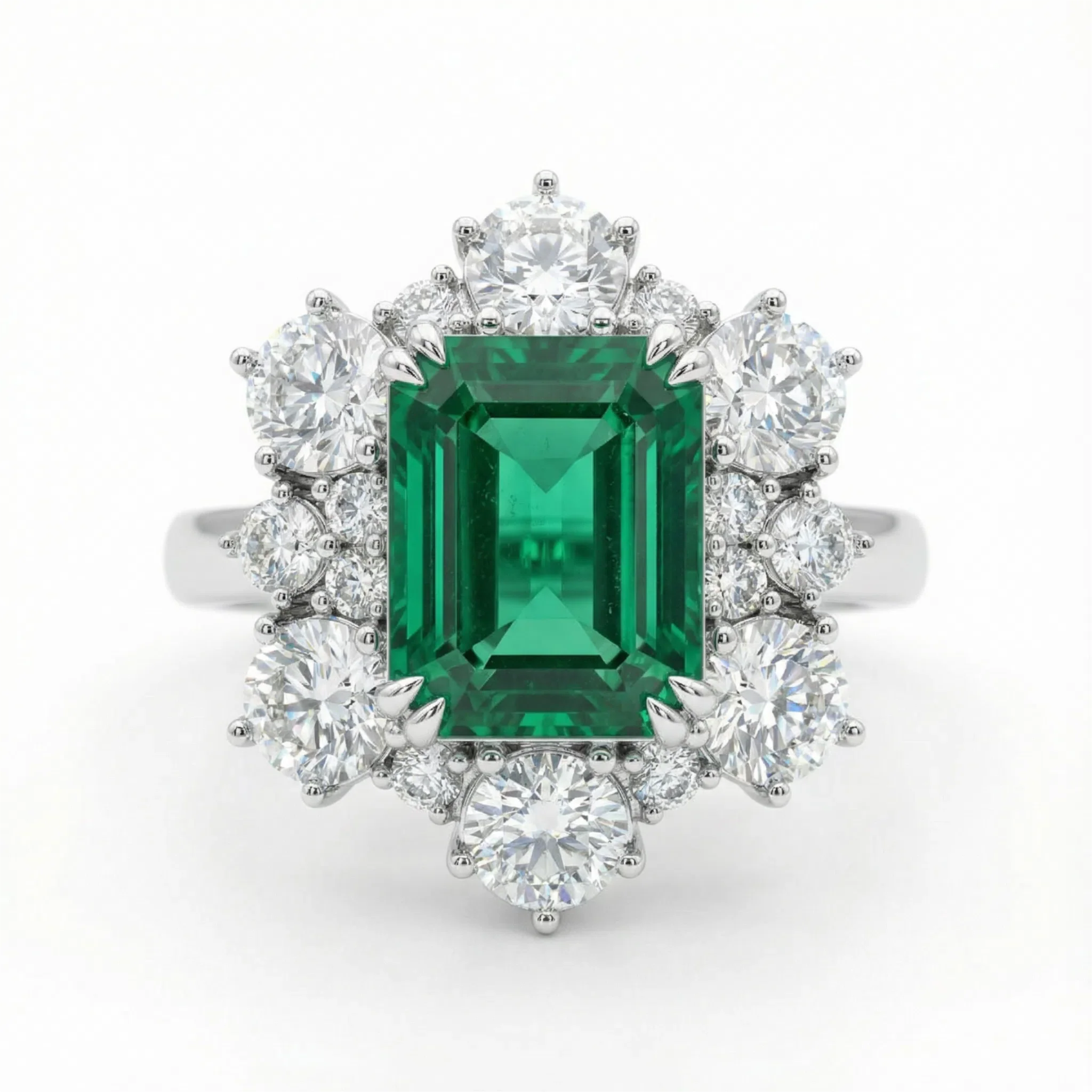 2ct Lab-Grown Emerald Cut Diamond Ring with 1.3ct Halo, 10K/14K White Gold or 950 Platinum - 10K White Gold / 4 — Stackable Rings
