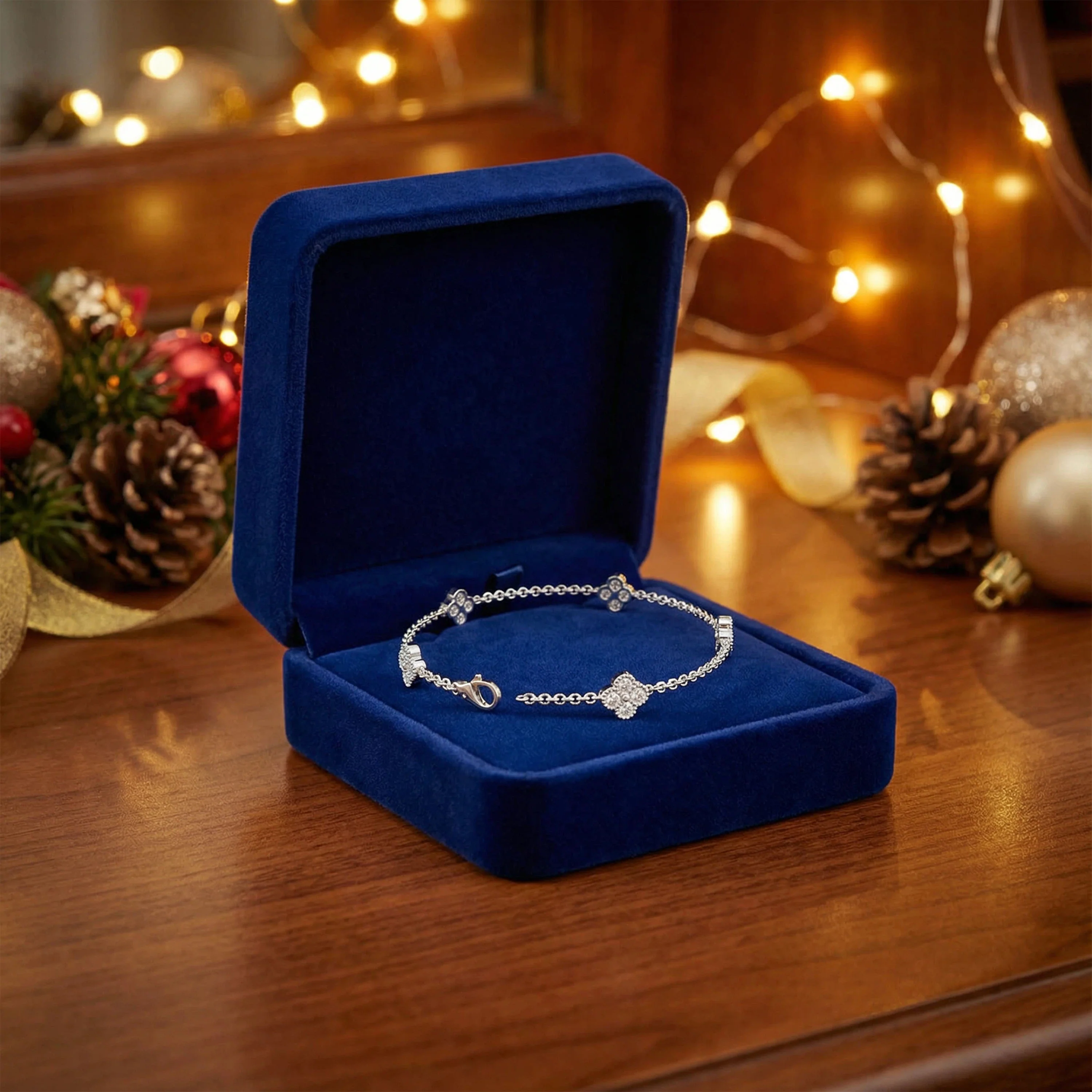Bracelet Chanceux Trèfle à Quatre Feuilles en Argent Sterling avec Pierres Moissanite — Bracelet Femme