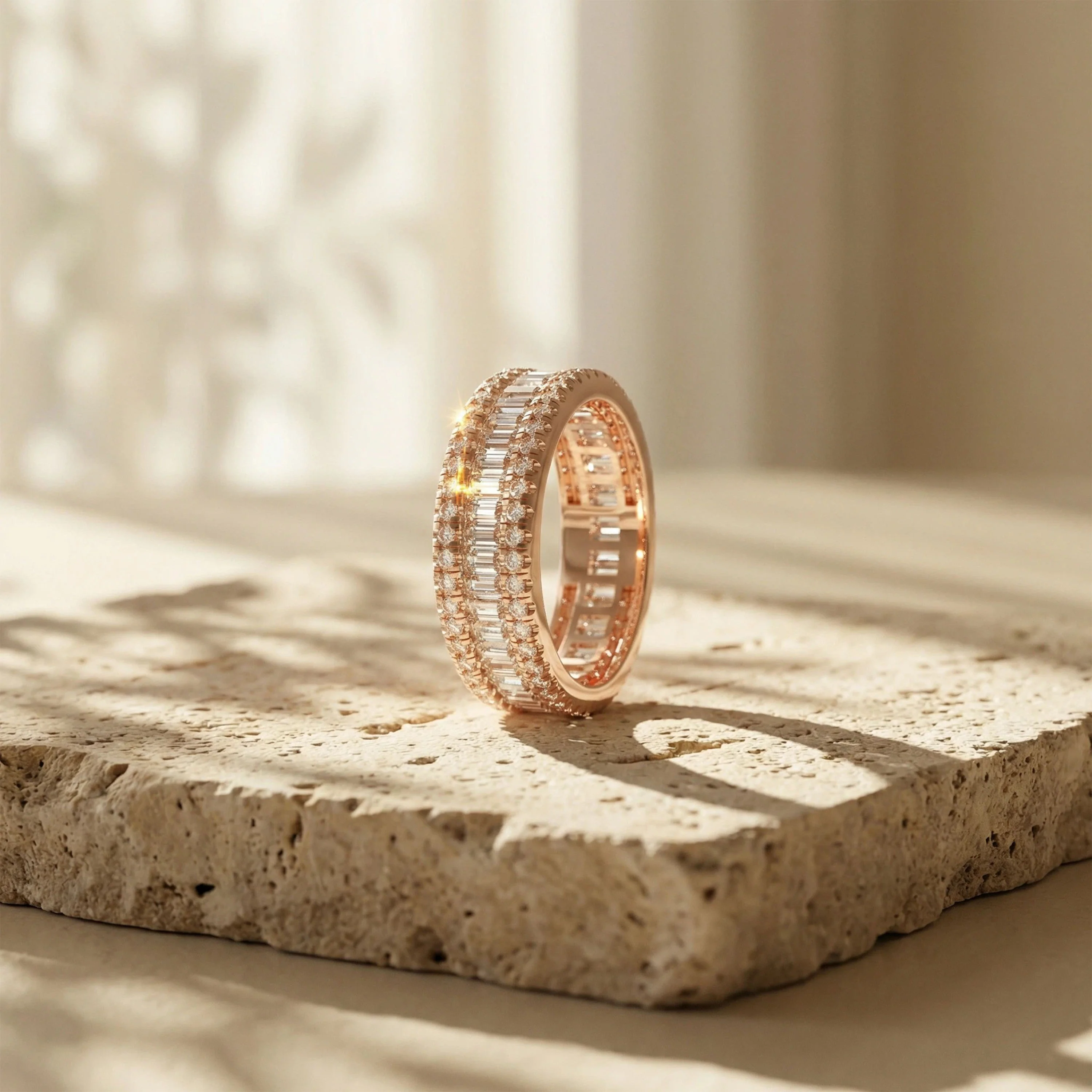 14K Rose Gold Plated Eternity Ring – 96 Round & 45 Baguette Moissanite – Engagement Wedding Band - 14K Rose Gold Plated / Moissanite / 4 — Wedding Jewelry