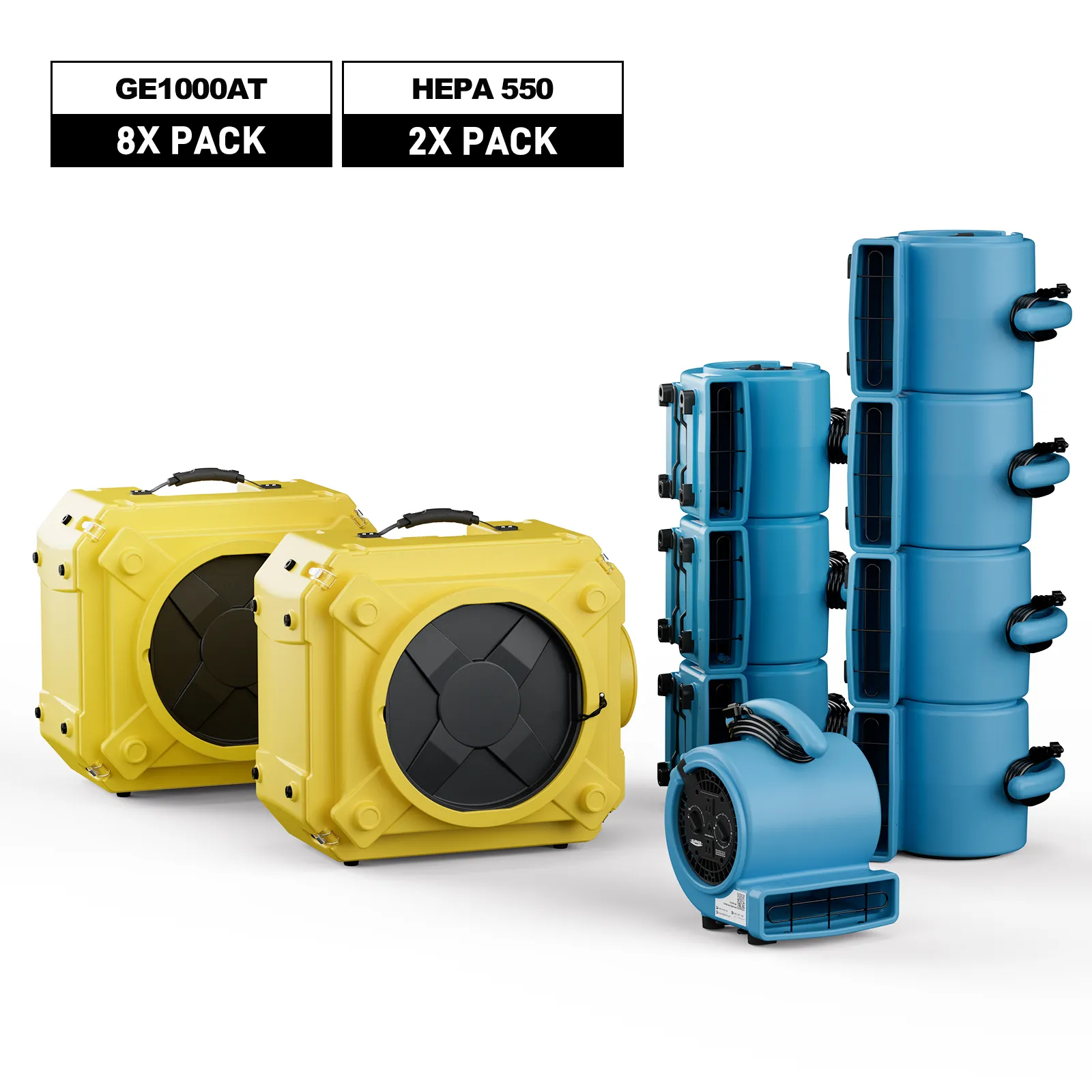 AlorAir Air Solution Combo Pack, 8 X GE1000AT Air Mover, 2 X HEPA 550 Air Scrubber - Yellow — Janitorial Supplies