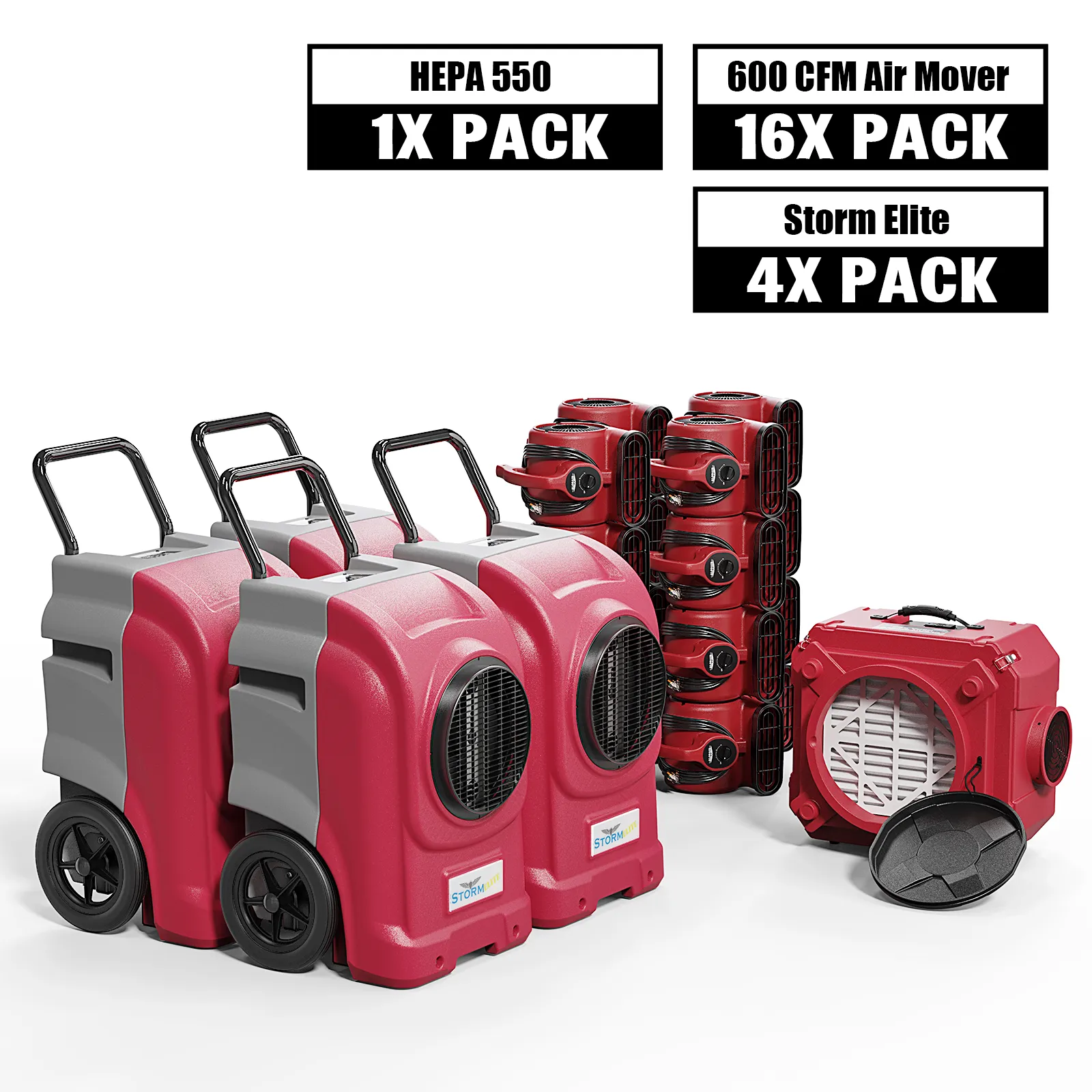 Alorair Water Damage Restoration Combo Pack, 4 X Storm Elite Commercial Dehumidifier, 16 X GF600A Air Mover, 1 X CleanShield HEPA - Green / Yellow — Humidifier