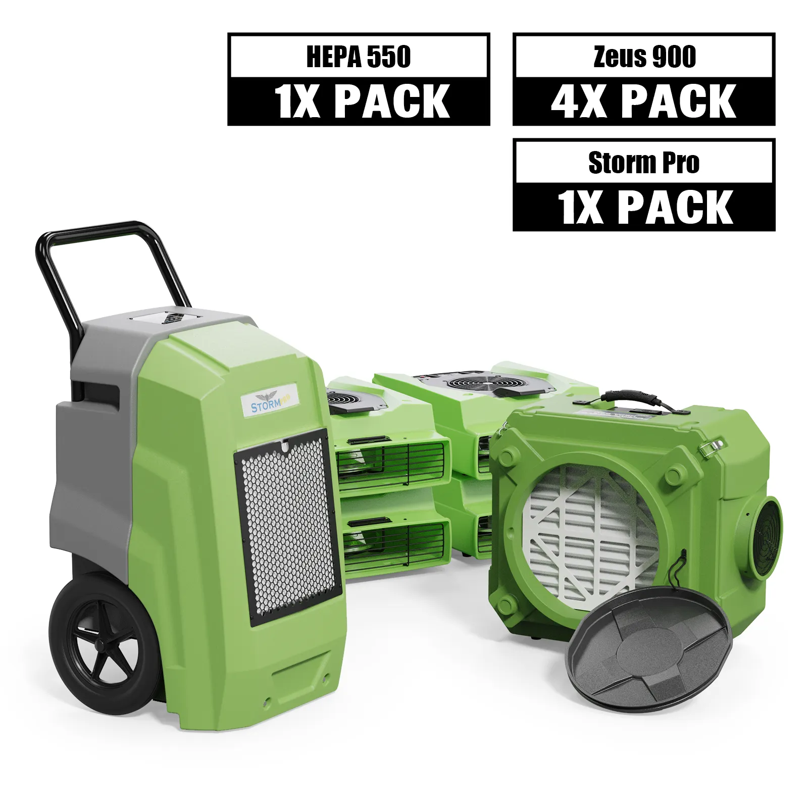 Alorair Mold Prevention Combo Pack, 1 X Storm Pro Commercial Dehumidifier, 4 X Zeus 900 Air Mover, 1 X CleanShield HEPA 550 - Green / Yellow / Yellow