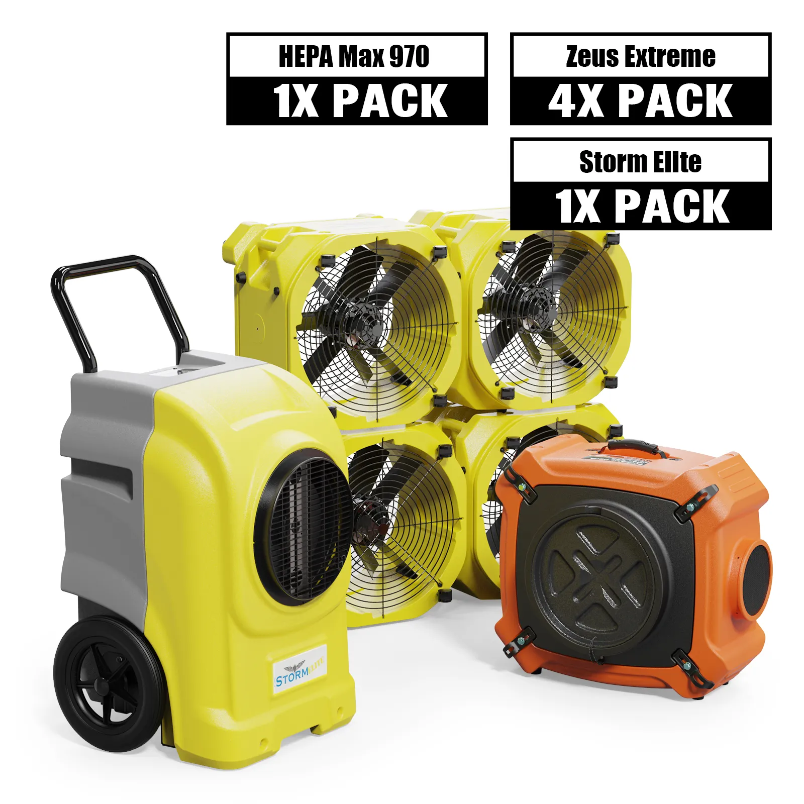 Alorair Mold Prevention Combo Pack, 1 X Storm Ultra Commercial Dehumidifier, 4 X Zeus 900 Air Mover, 1 X HEPA Max 970 Air Scrubber - Yellow / Yellow