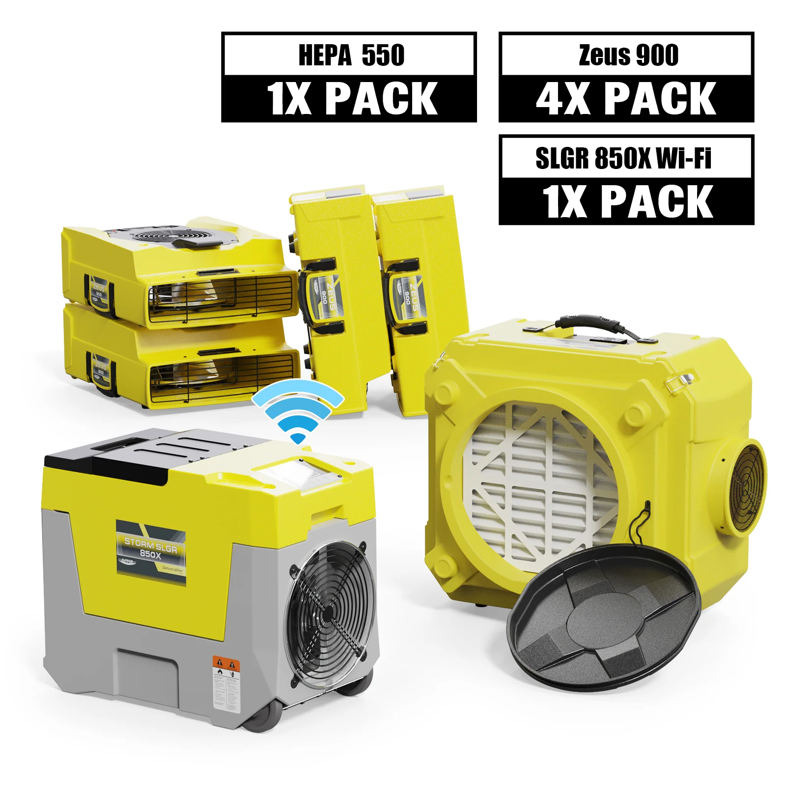 Alorair Mold Prevention Combo Pack, 1 X Storm Slgr 850X Wi-Fi Commercial Dehumidifier, 4 X Zeus 900 Air Mover, 1 X CleanShield HEPA - Yellow / Yellow