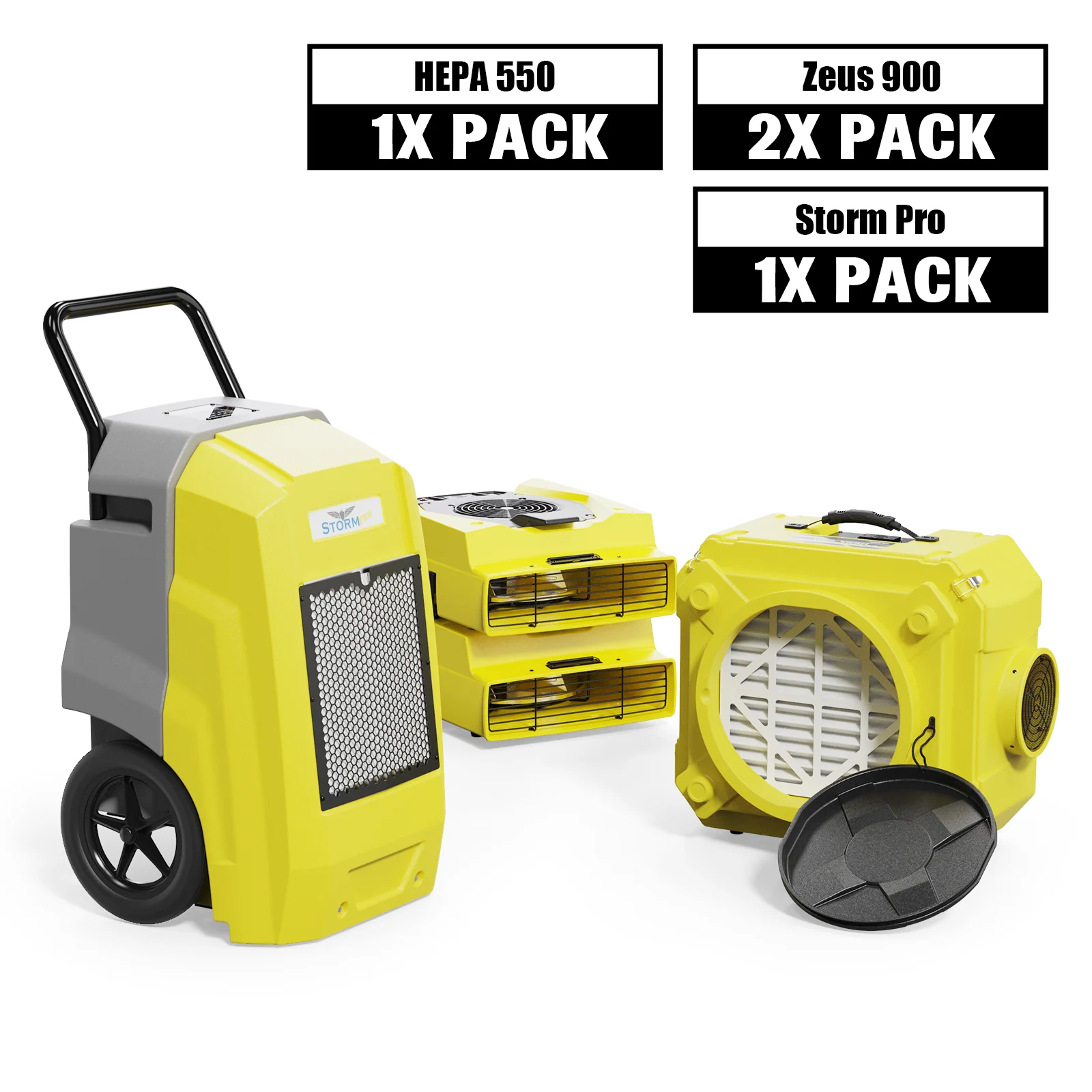AlorAir Water Damage Restoration Combo Pack, 1 X Storm Pro Dehumidifier, 2 X Zeus 900 Air Mover, 1 X HEPA 550 Air Scrubber - Green / Yellow / Yellow