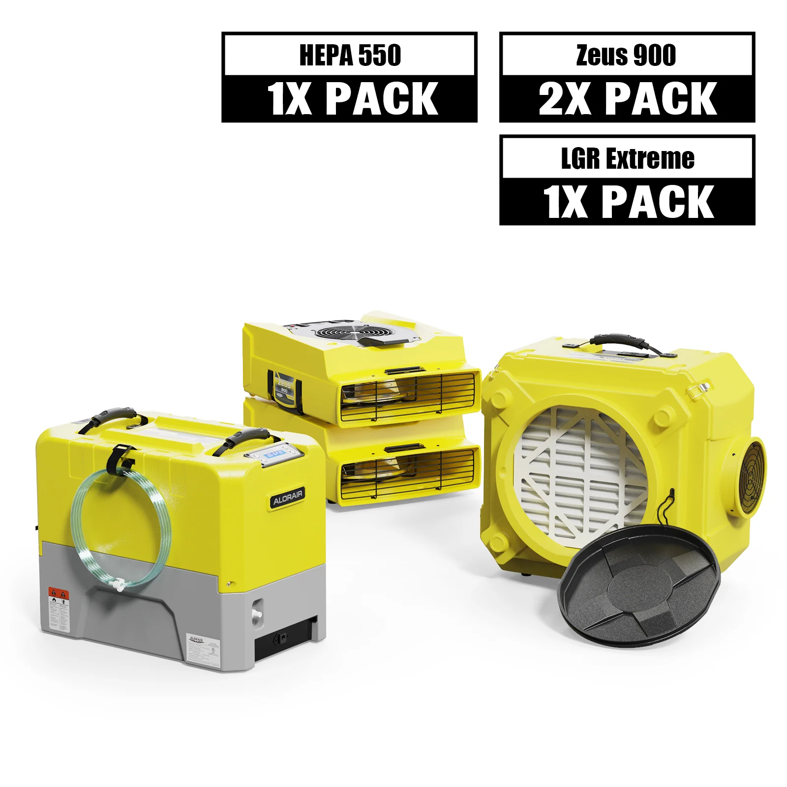 AlorAir Water Damage Restoration Combo Pack, 1 XStorm LGR Extreme Dehumidifier, 2 X Zeus 900 Air Mover, 1 X CleanShield - Yellow / Yellow / Yellow