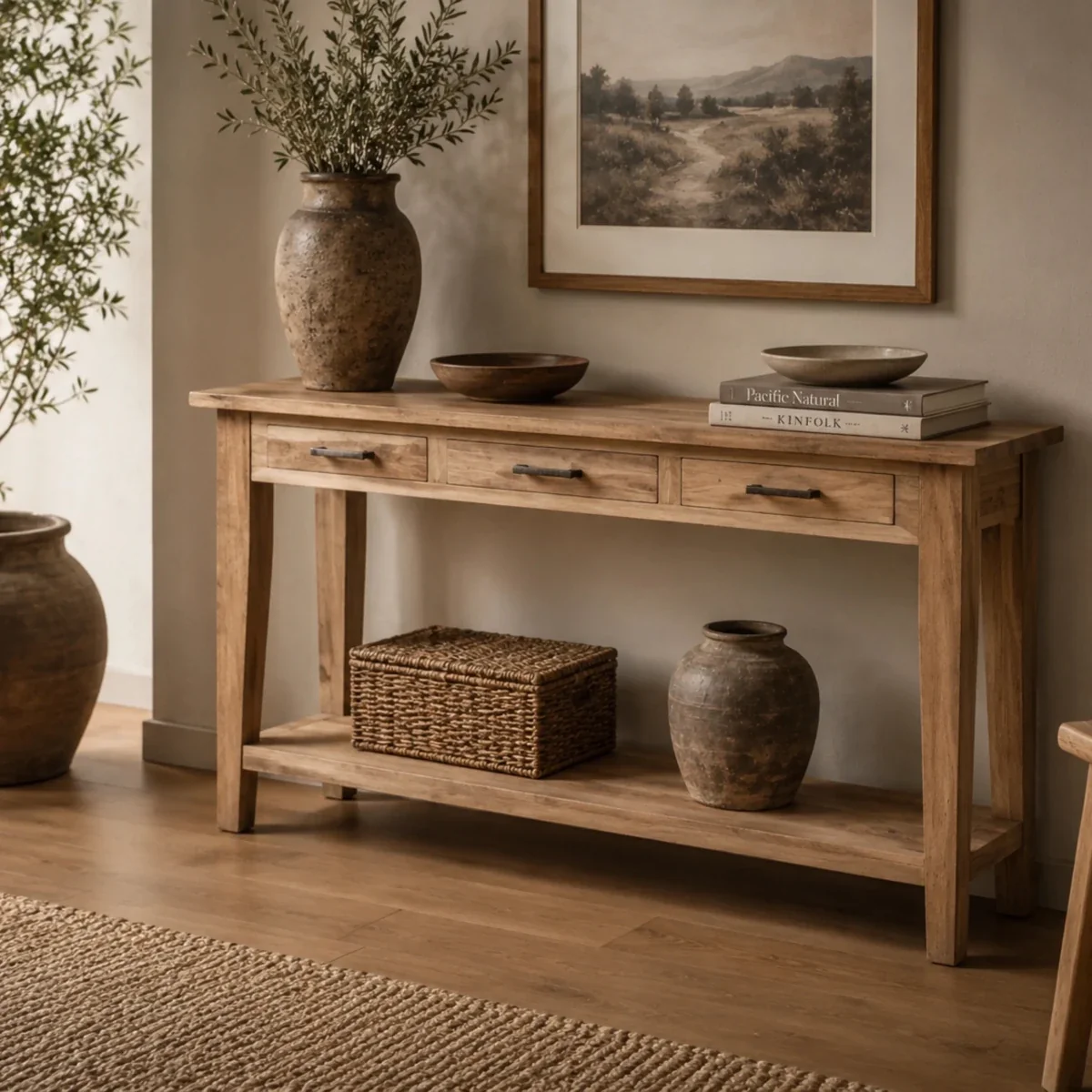 Table Console Tapered Intemporelle avec Tiroirs et Étagère