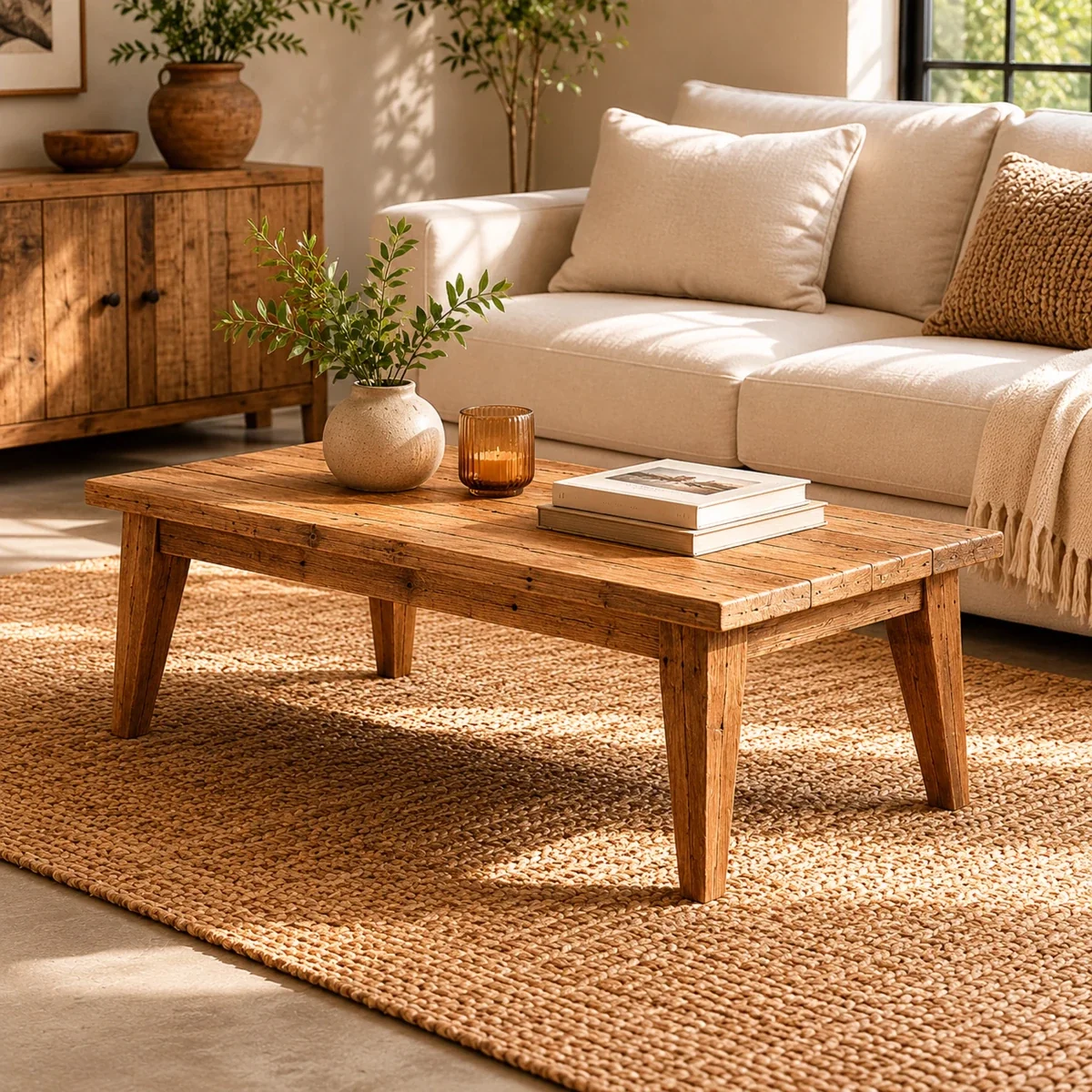 Rustic Reclaimed Wood Coffee Table with Tapered Legs — Coffee & Side Tables