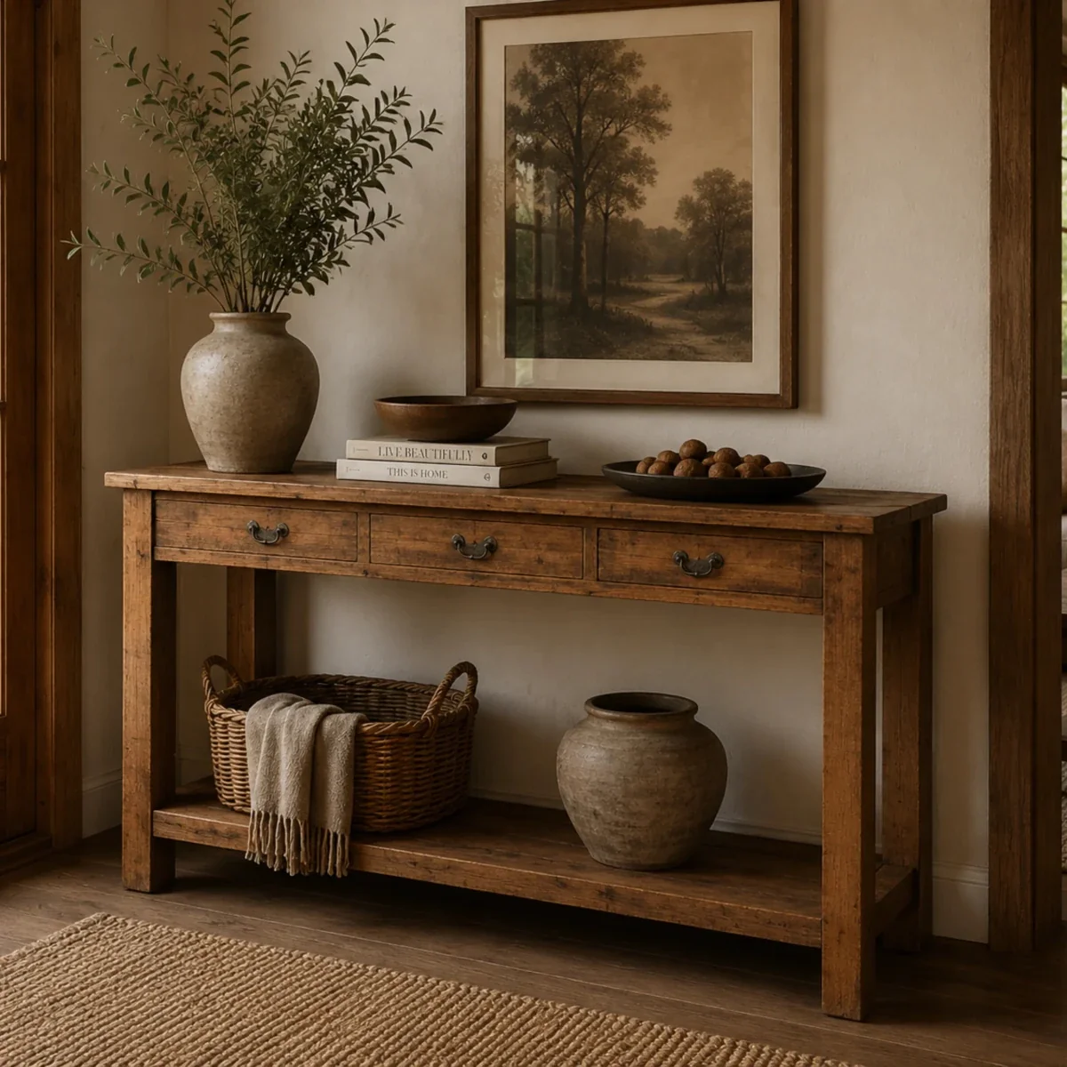Vintage Voyage Console Table with Drawers and Shelf
