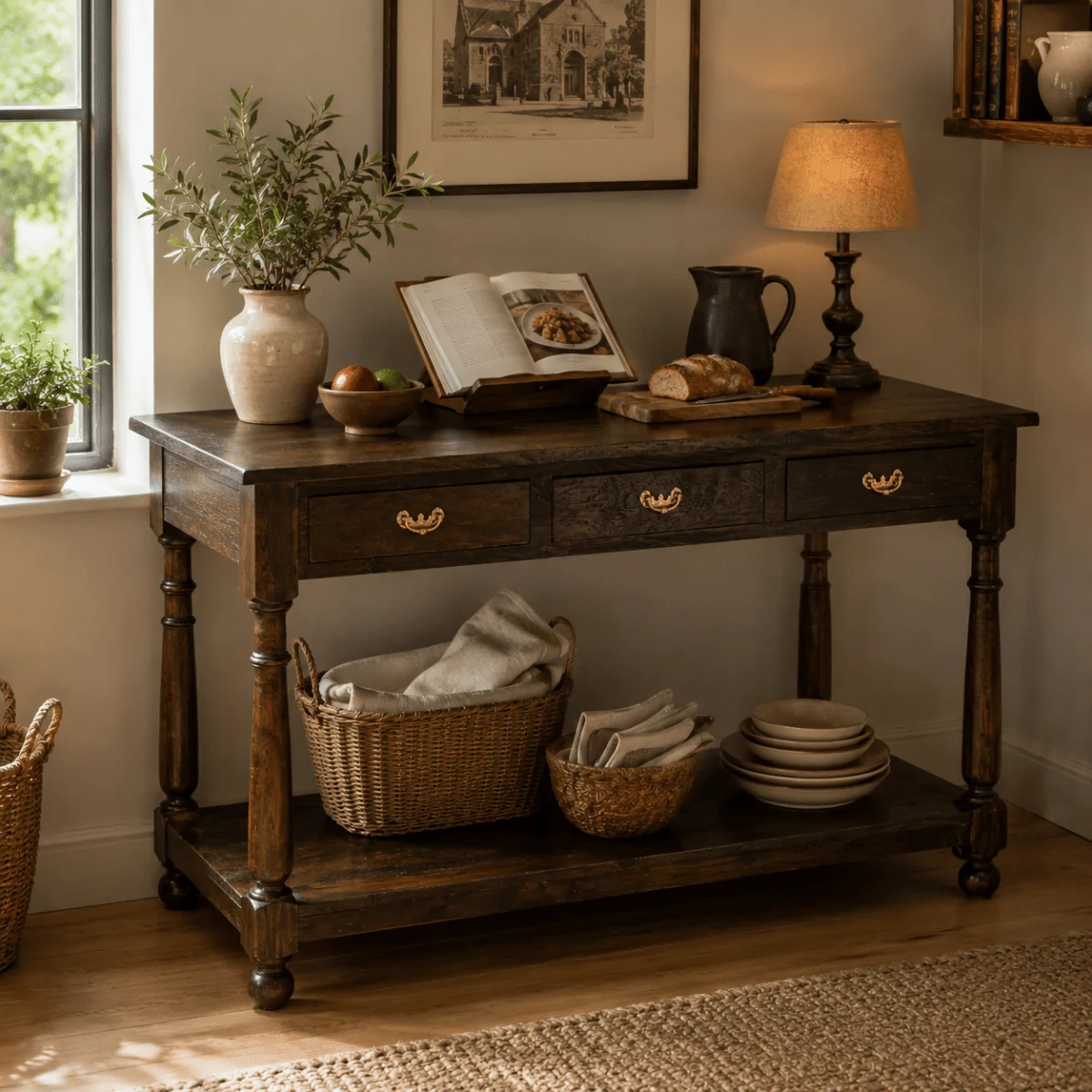 Aujl Kitchen Counter Table with 2 Drawers and Single Shelf