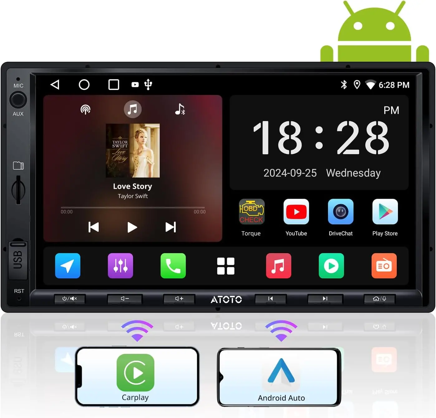 Atoto A5LG2A7T 7" Double Din Car Stereo, Android, Wireless CarPlay & Android Auto, Bluetooth, GPS Tracking, 2G+32G, Wi-Fi/BT/USB Tethering, 24-Band — Car Stereo