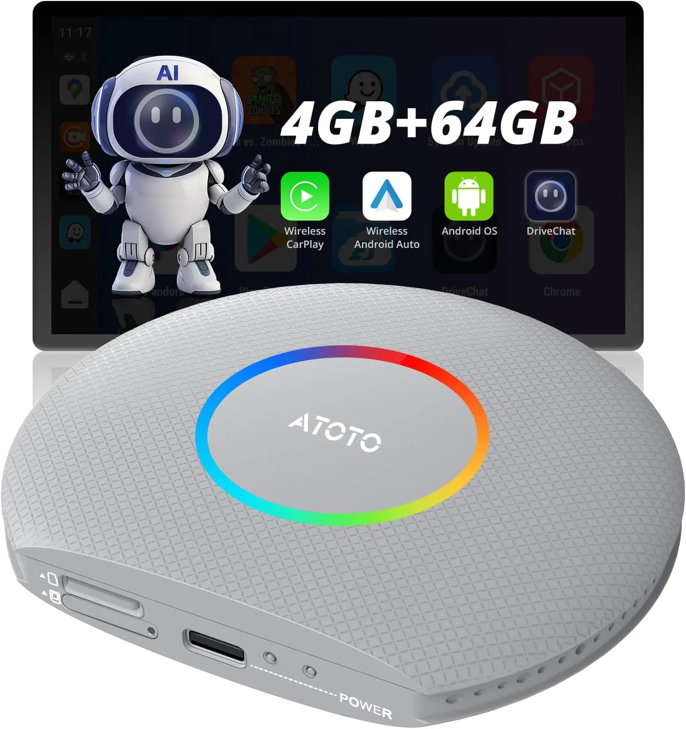 Atoto CB6 - Adaptateur CarPlay/Android Auto Sans Fil - Dongle AI avec GPS - 4Go/64Go - Bluetooth - Compatible Netflix/YouTube - Voix Intelligente