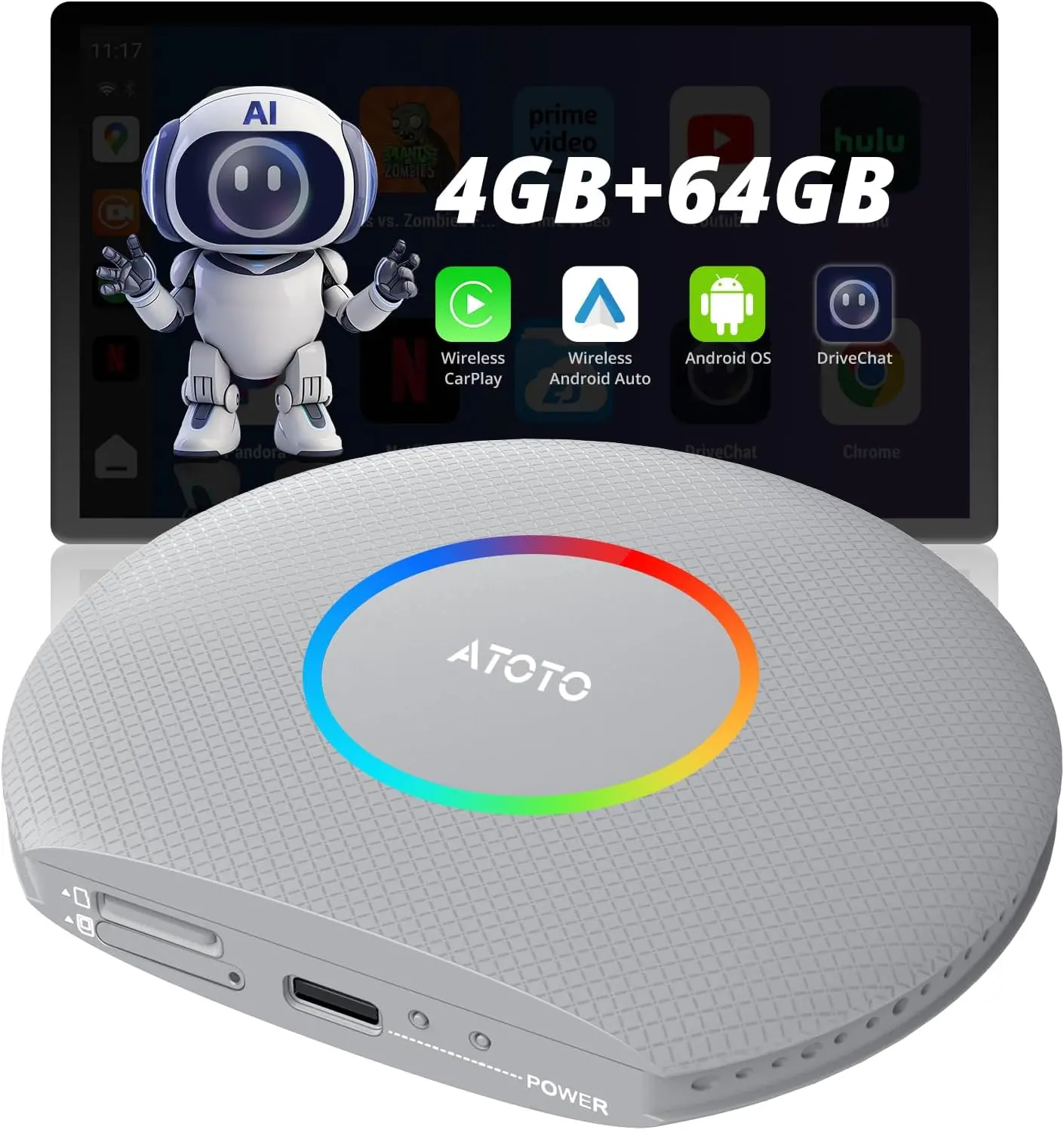 Adaptateur Atoto CB6A de CarPlay filaire à CarPlay sans fil/Android Auto — Adaptateur Bluetooth pour voiture