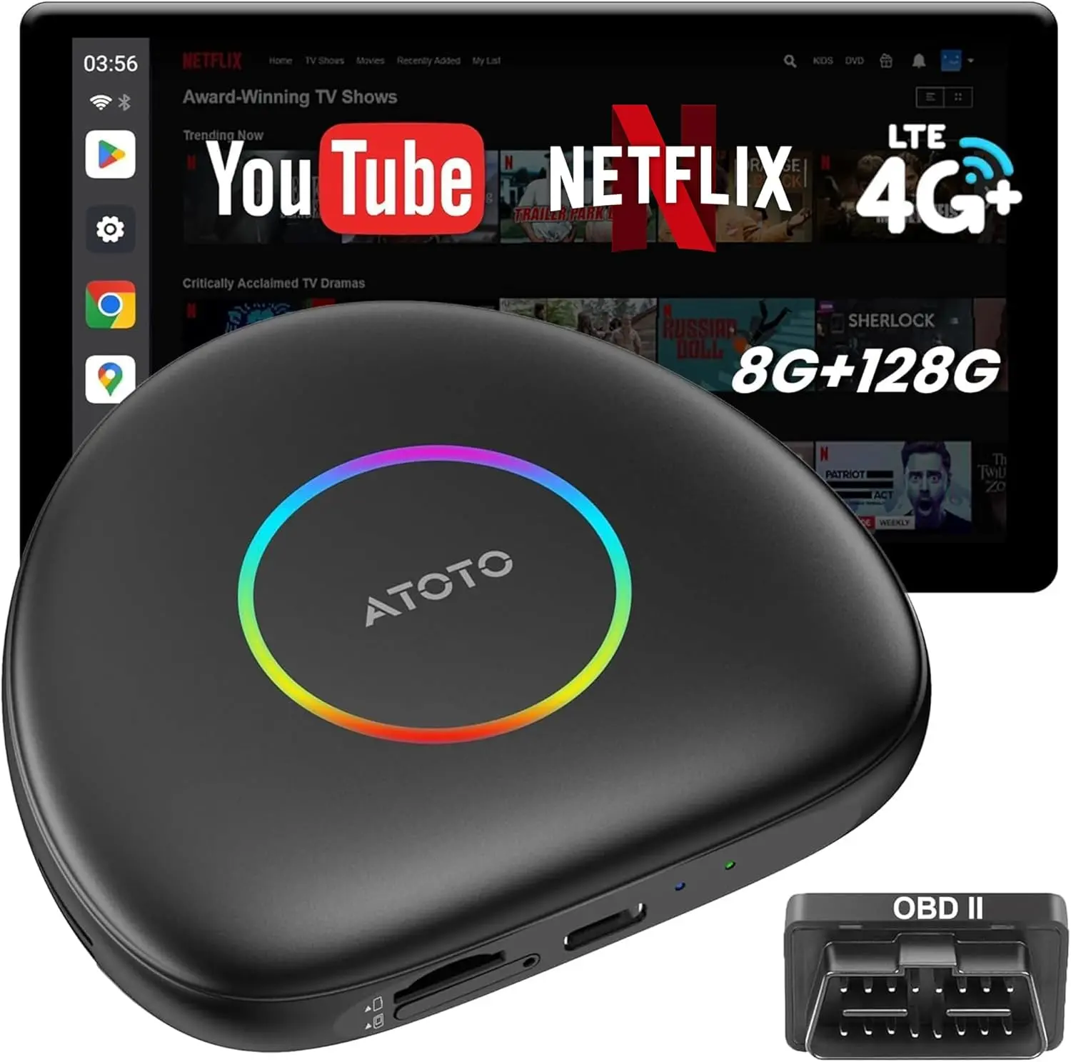 Atoto CB6 AI Bluetooth CarPlay Adapter with Obdii Scanner, 8GB RAM, 128GB Storage, 4G LTE, GPS Navigation, Mirror Link, Voice Control, Bluetooth, OTA