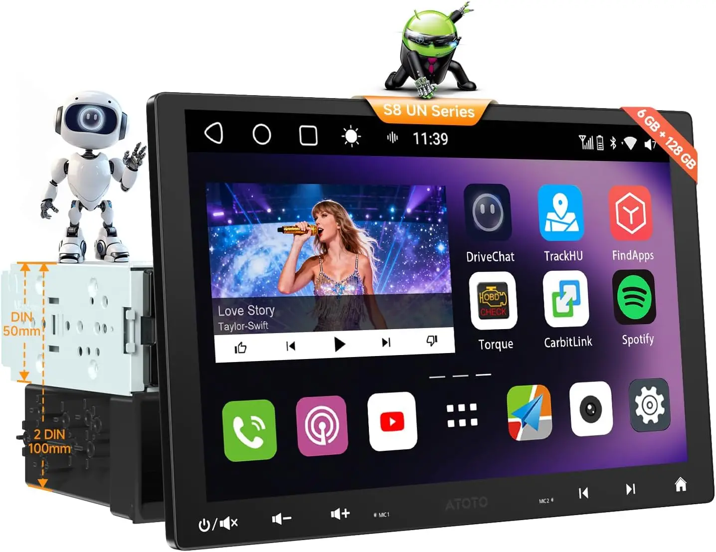 Atoto S8G1109UN 10.1" Single & Double Din Android Car Stereo, Floating Qled Touchscreen, 6+128G Wireless CarPlay & Android Auto, ChatGPT, Built-in